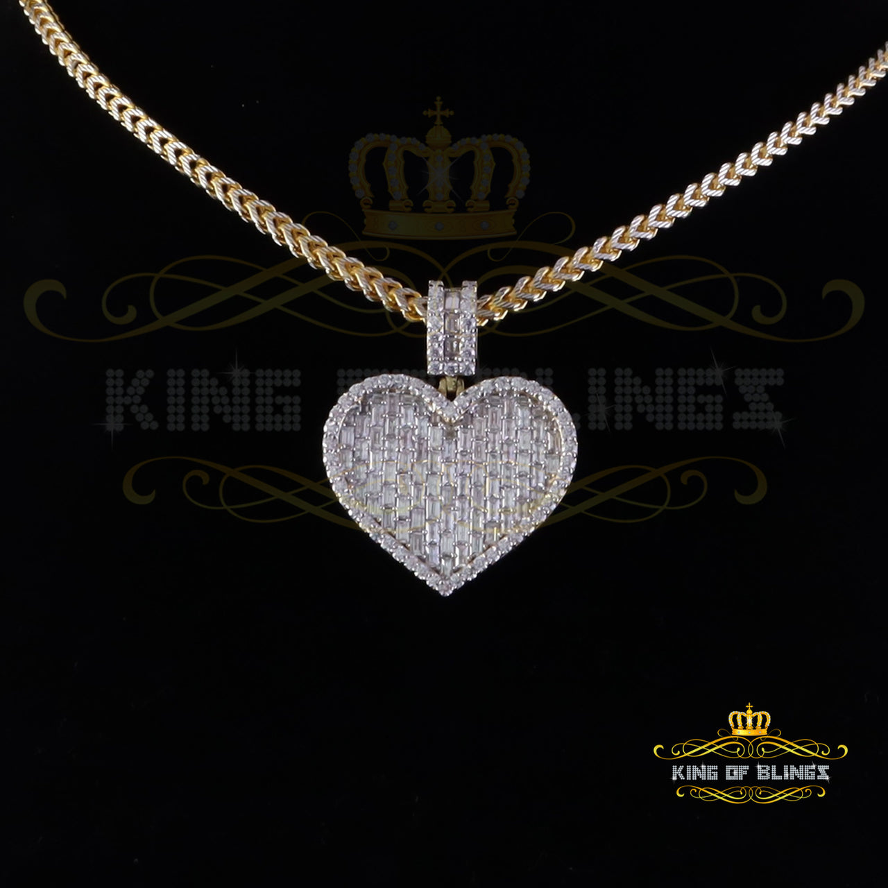 King Of Bling's 925 Yellow Silver6.50ct VVS D Clr. Moissanite Baguette Heart Pendant for Women's KING OF BLINGS