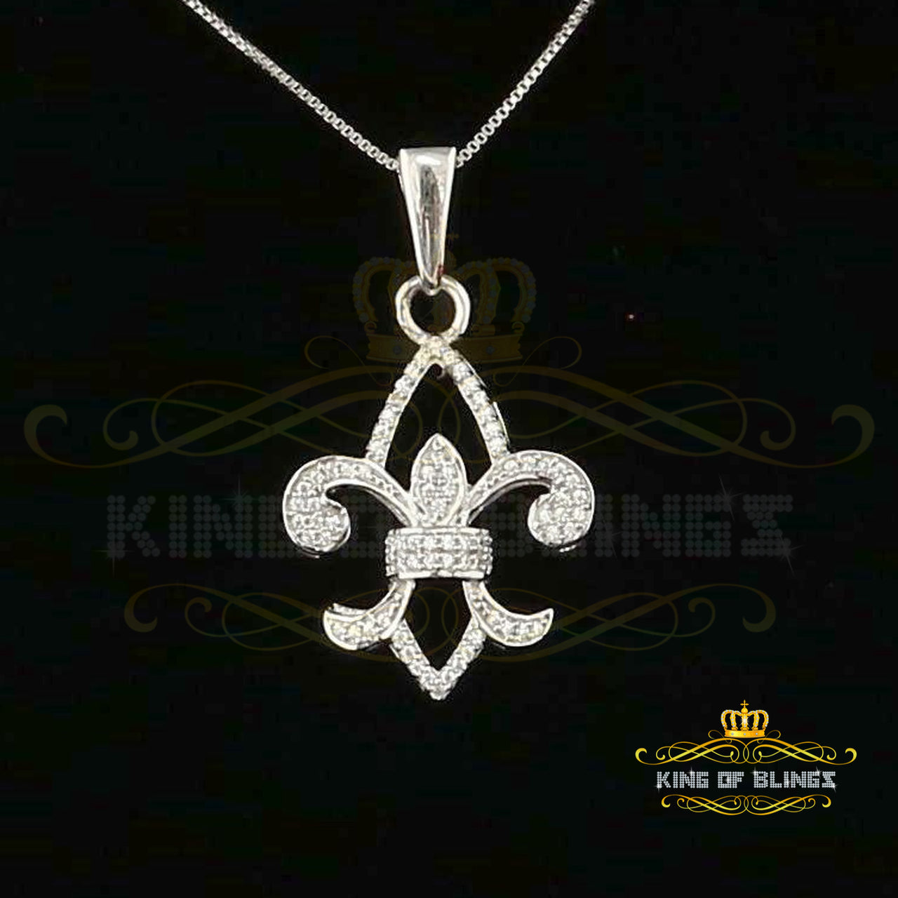 White Fleur de Lis Shape Sterling Silver Pendant with 0.78ct Cubic Zirconia KING OF BLINGS