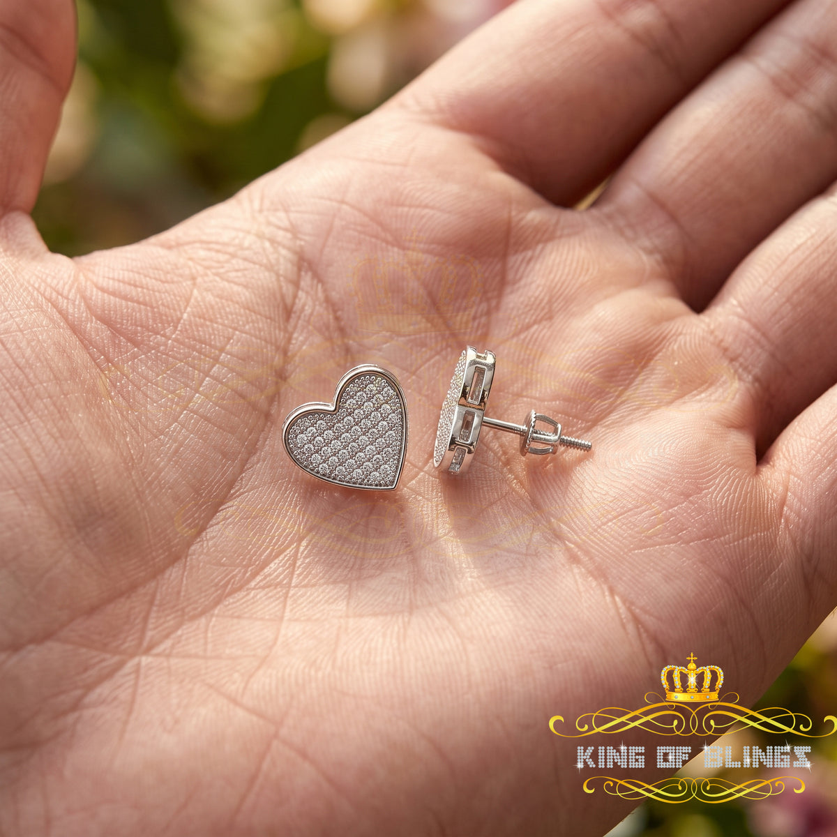 King of Bling's 925 Sterling White Silver 0.84ct Cubic Zirconia Women's & Men's Heart Earrings KING OF BLINGS