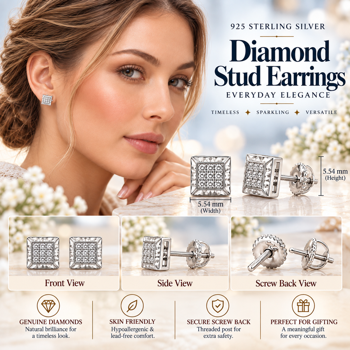 King Of Bling's 0.05ct Diamond For White 925 Sterling Silver Men's & Women's Square Earrings KING OF BLINGS