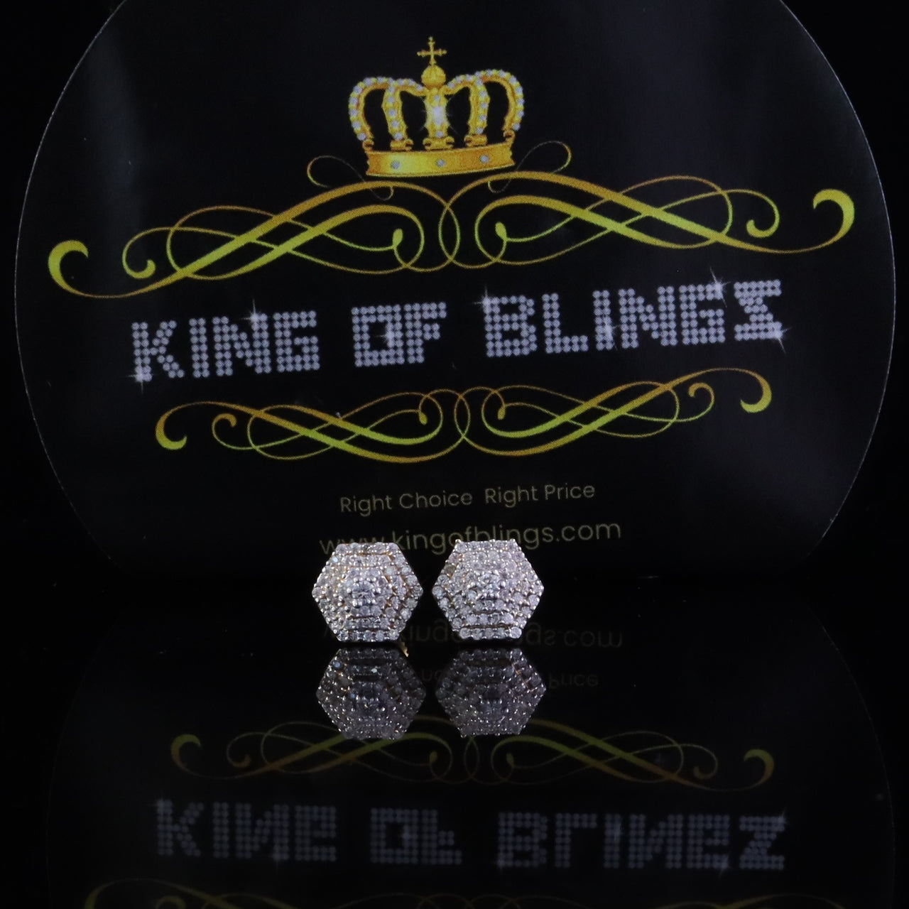 King  of Bling's Hexogonal Stud Earrings 0.50ct VVS 'D' Moissanite 925 Yellow Silver Men's/Womens