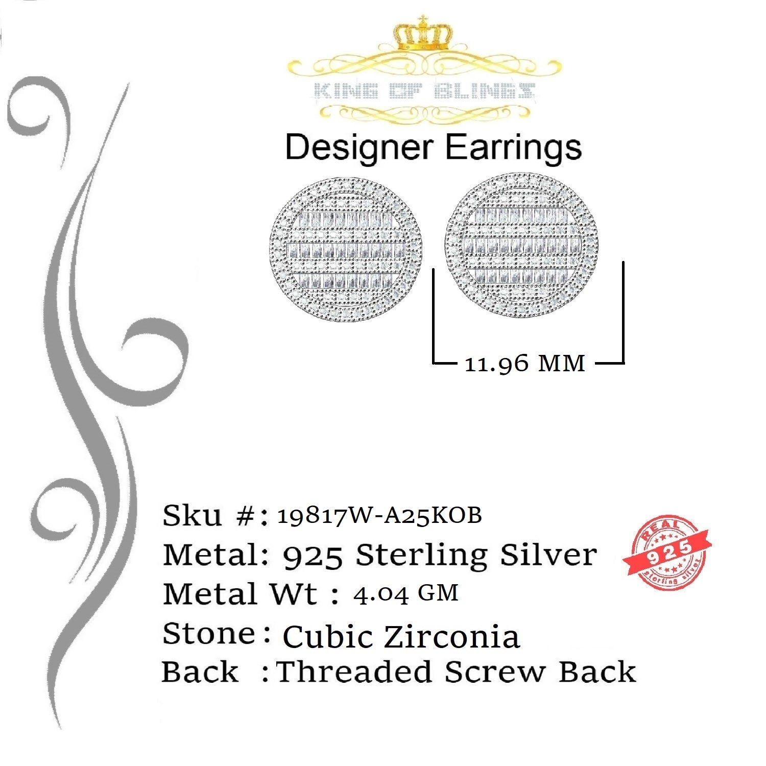 King of Blings- 0.68ct Cubic Zirconia 925 Sterling White Silver Round Men's & Women's Earrings KING OF BLINGS