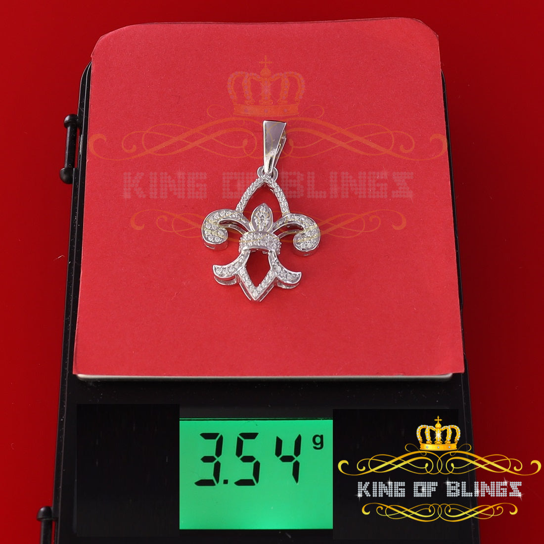 White Fleur de Lis Shape Sterling Silver Pendant with 0.78ct Cubic Zirconia KING OF BLINGS