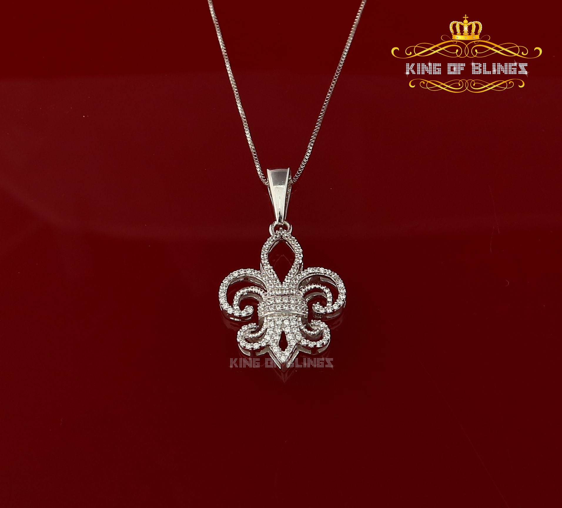 Sterling 925 Silver Fleur de Lis White Shape Pendant with 0.93ct Cubic Zirconia KING OF BLINGS