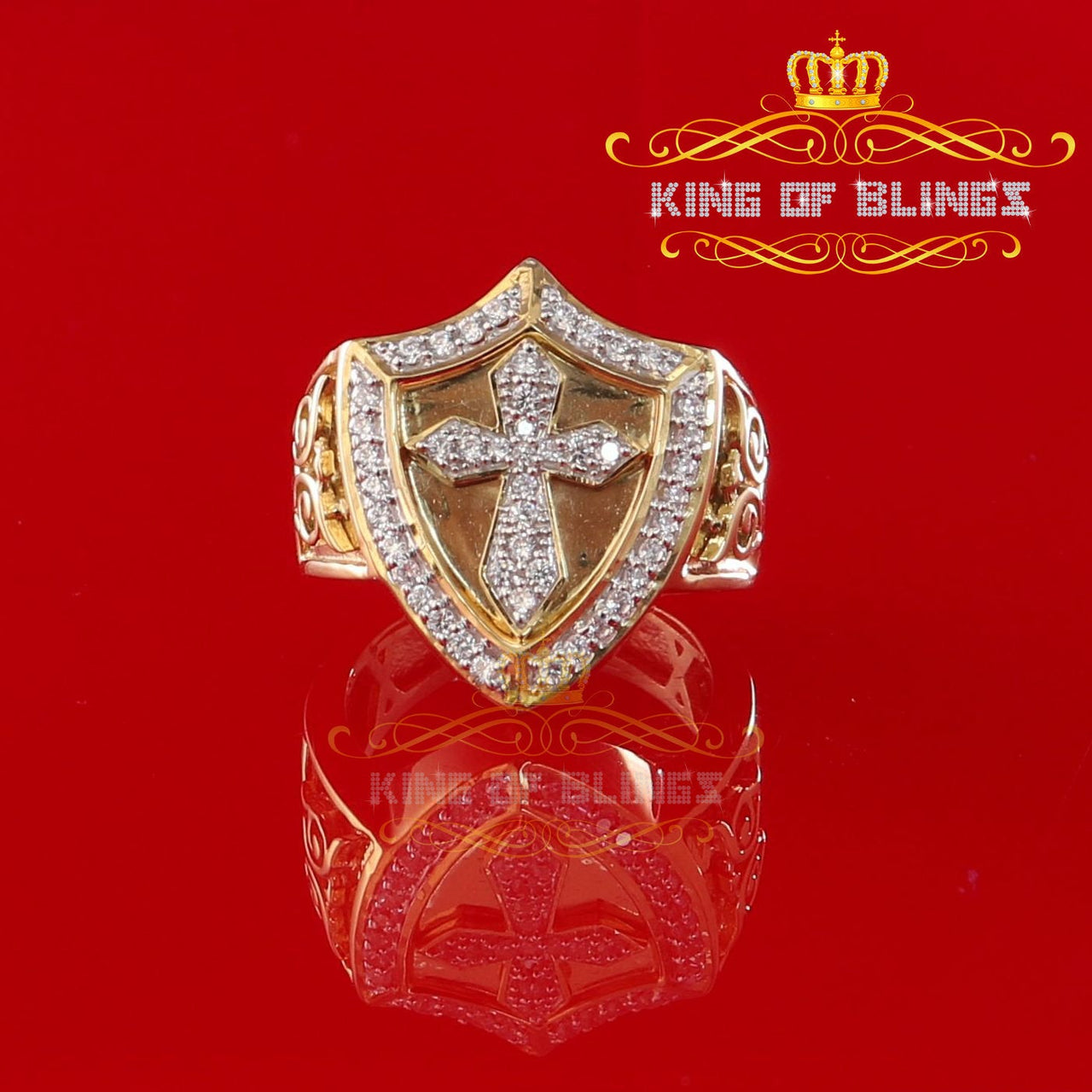 King Of Bling's 925 Sterling Yellow 0.92ct Cubic Zirconia Silver Shield Cross Men's Ring Size 9