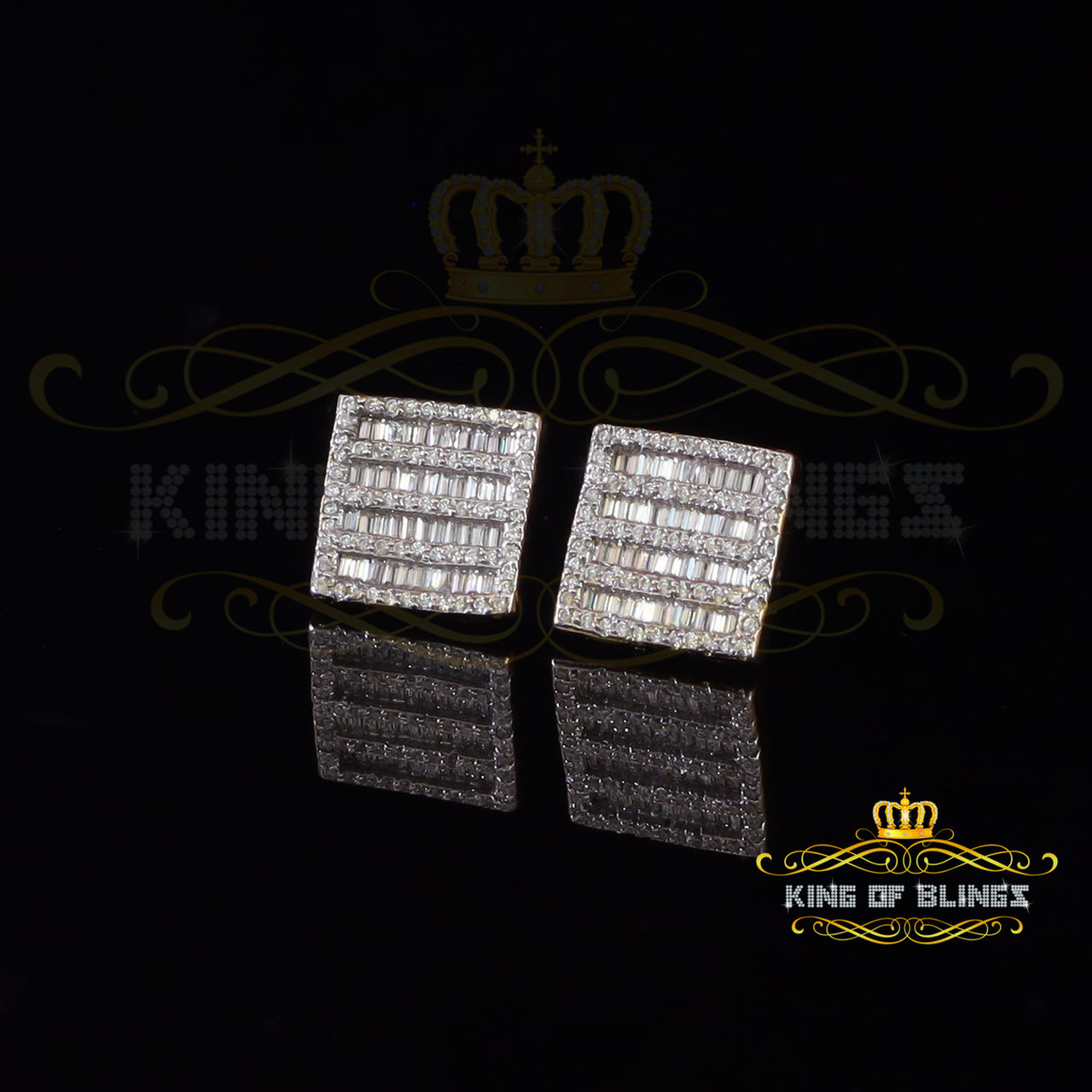 King of Bling's Hip Hop 925 Sterling Yellow Silver 1.60ct Cubic Zirconia Women Square Earrings