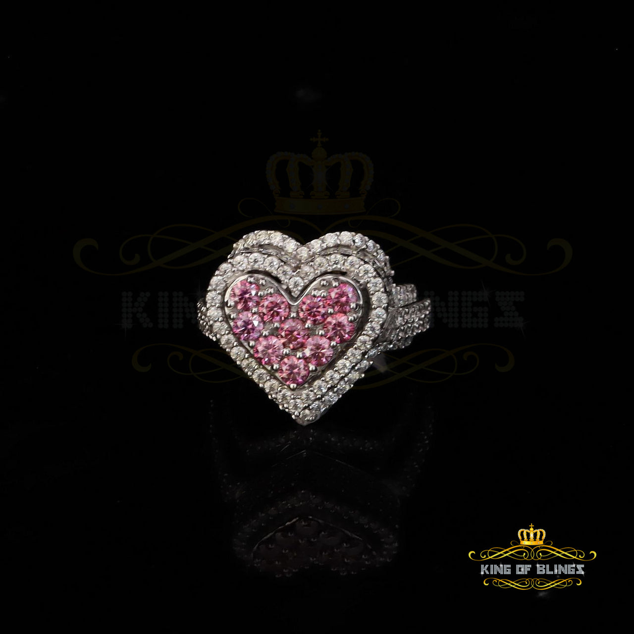 King of Bling's 5.00CT Women's Pink Stone Heart Moissanite Ring VVS 'D' 925 Silver White Sz7