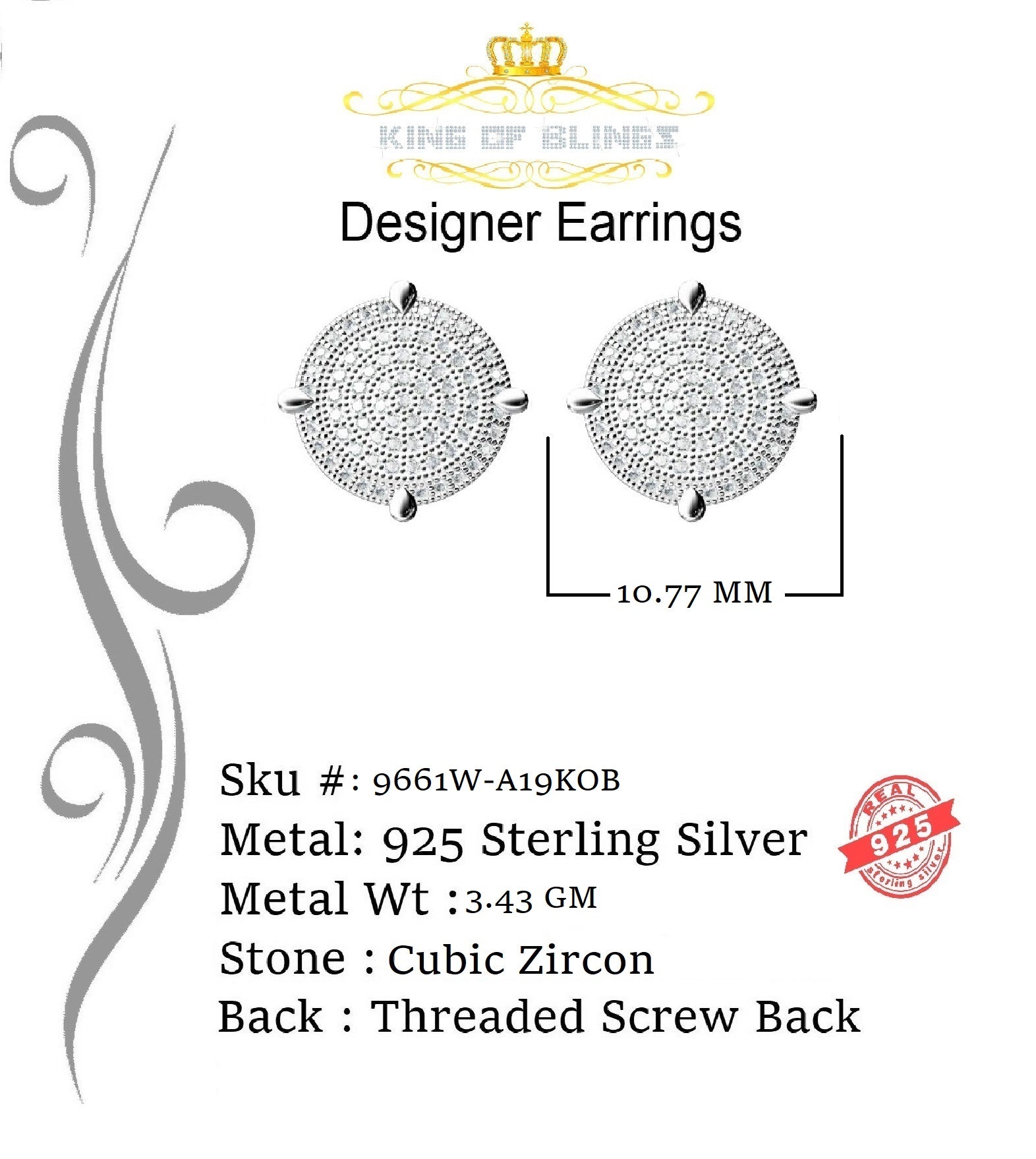 King of Blings- Aretes Para Hombre 925 White Silver 1.06ct Cubic Zirconia Round Women's Earrings KING OF BLINGS