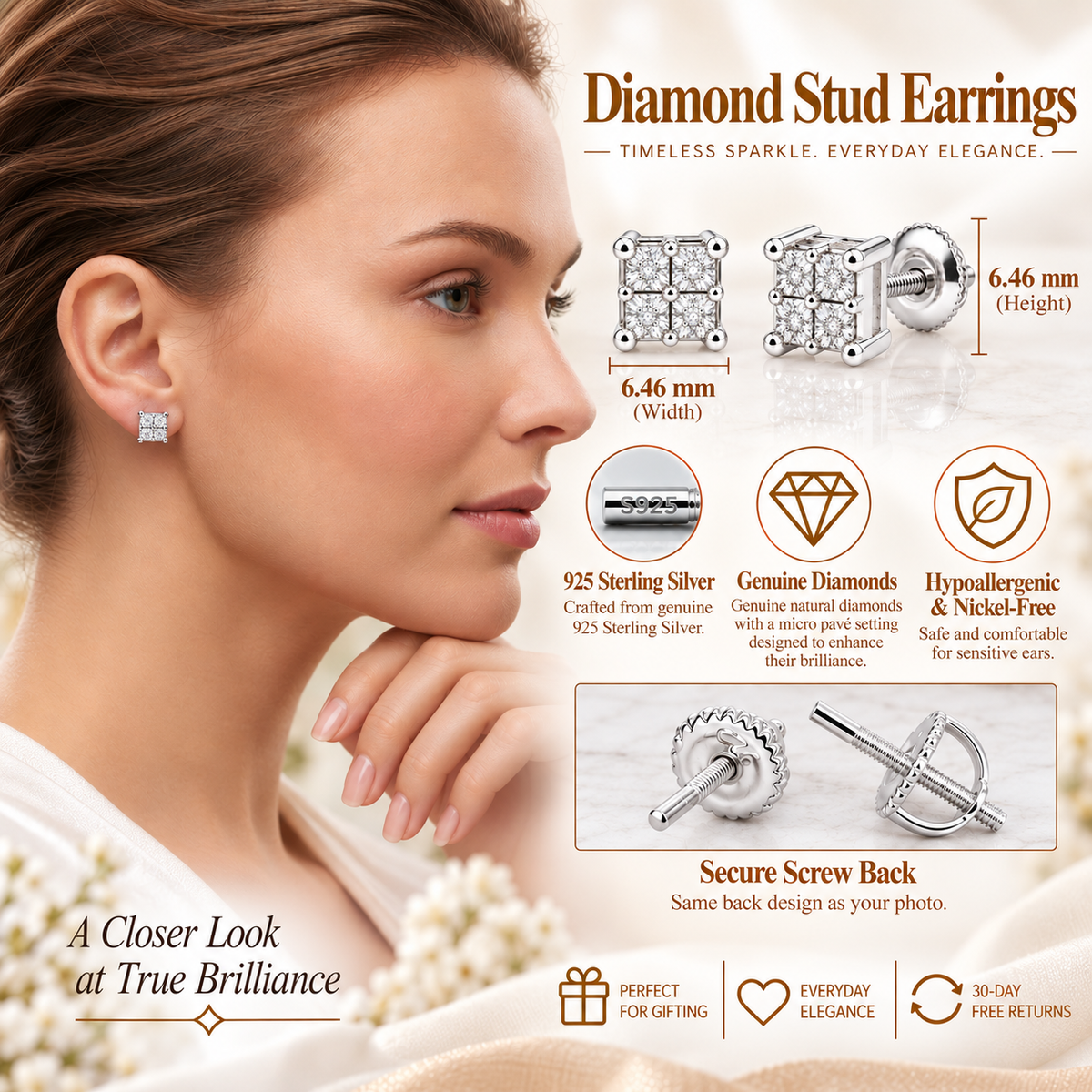 King Of Bling's 0.03ct Diamond Stud Earrings For Women White 925 Sterling Silver Stud For Men KING OF BLINGS
