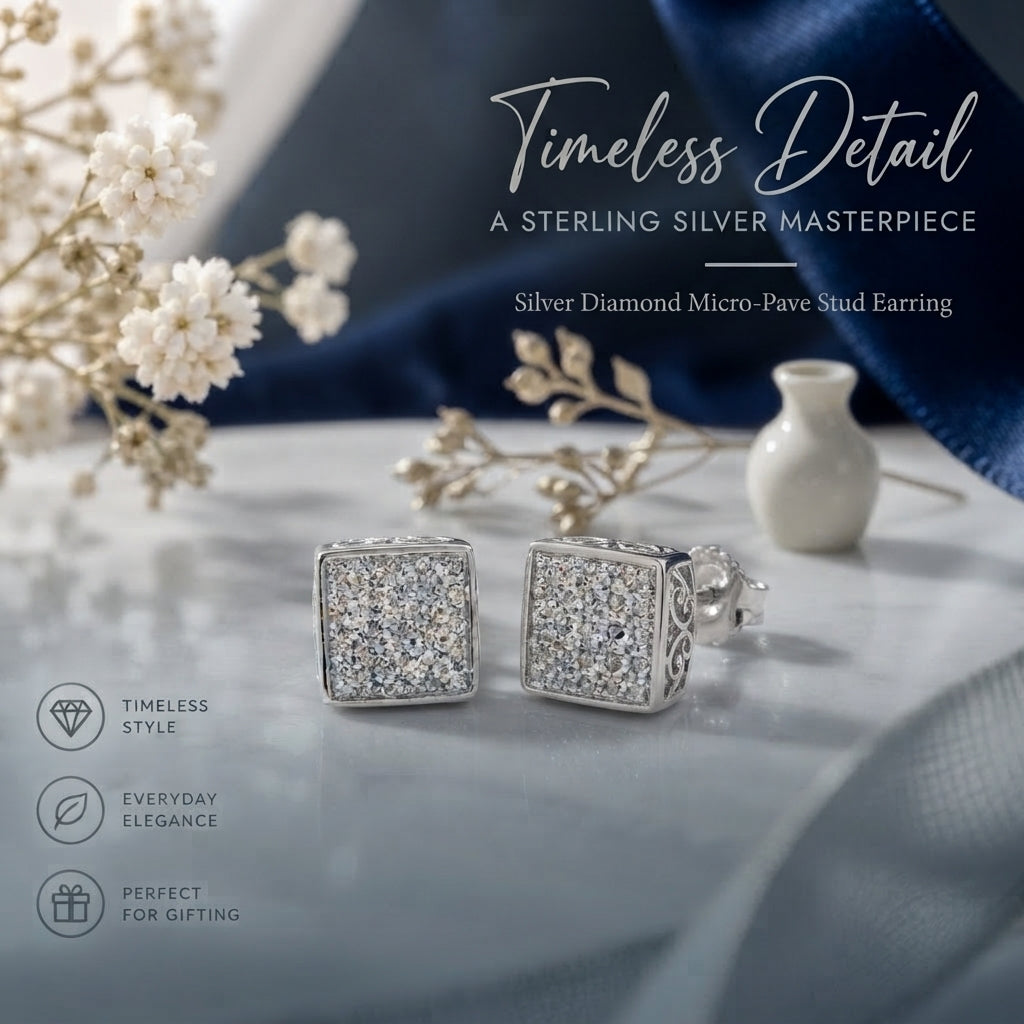King Of Bling's 0.10ct Micro Pave 925 White Silver Diamond Square Earring For Men's & Women's KING OF BLINGS
