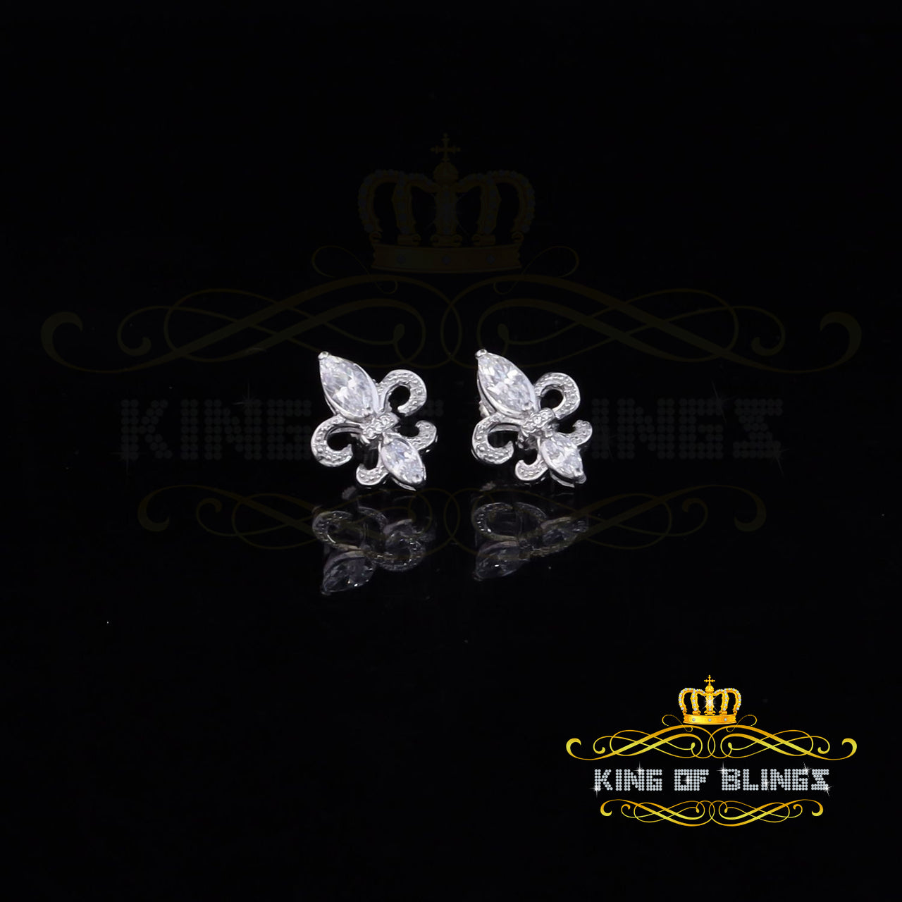 King of Bling's 925 White Silver Ladies Fleur de Lis Screw Back 2.43ct Cubic Zirconia Earrings