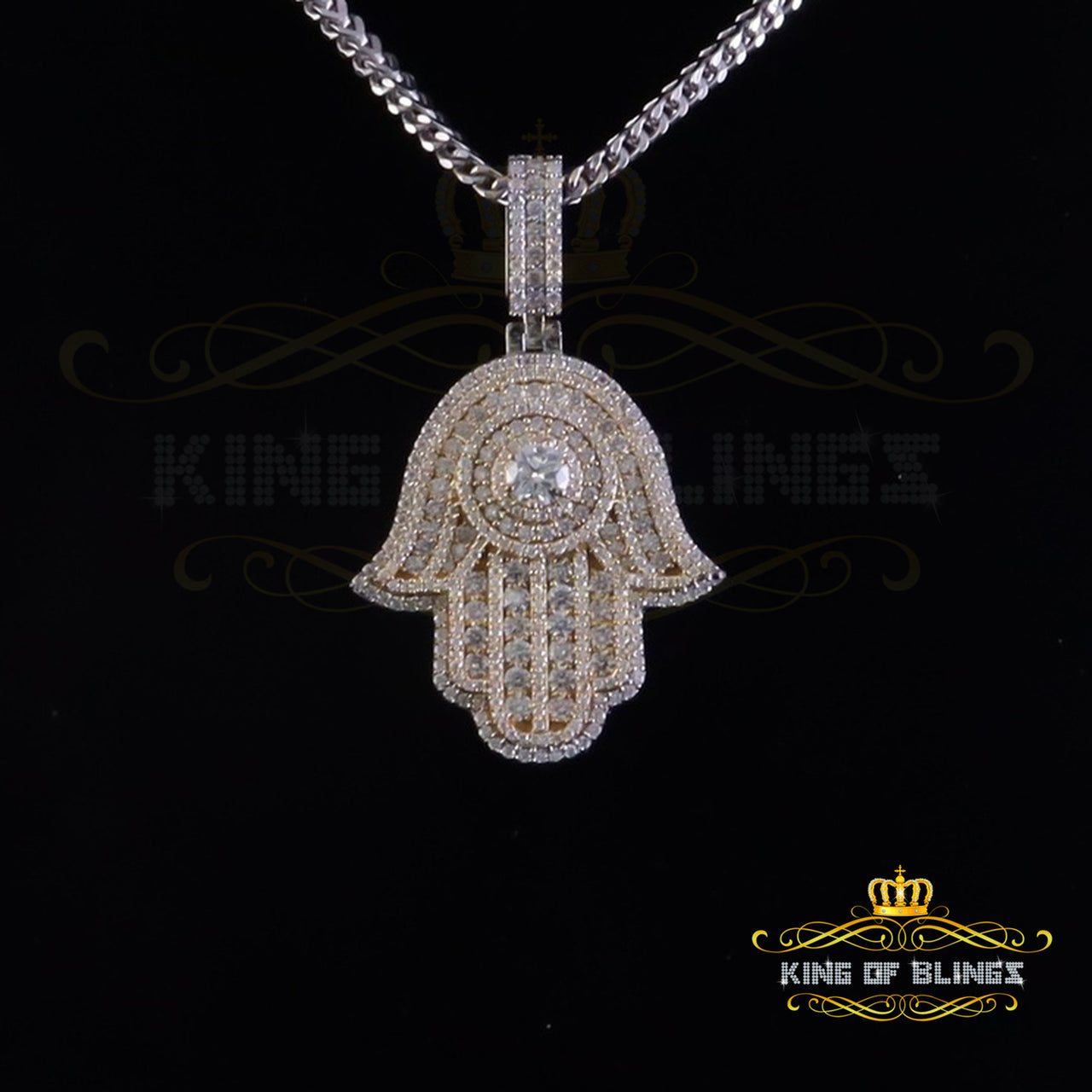 King Of Bling's Big 5ct VVS D Moissanite White Sterling Silver Charm Hamsa Pendant for Men/Women