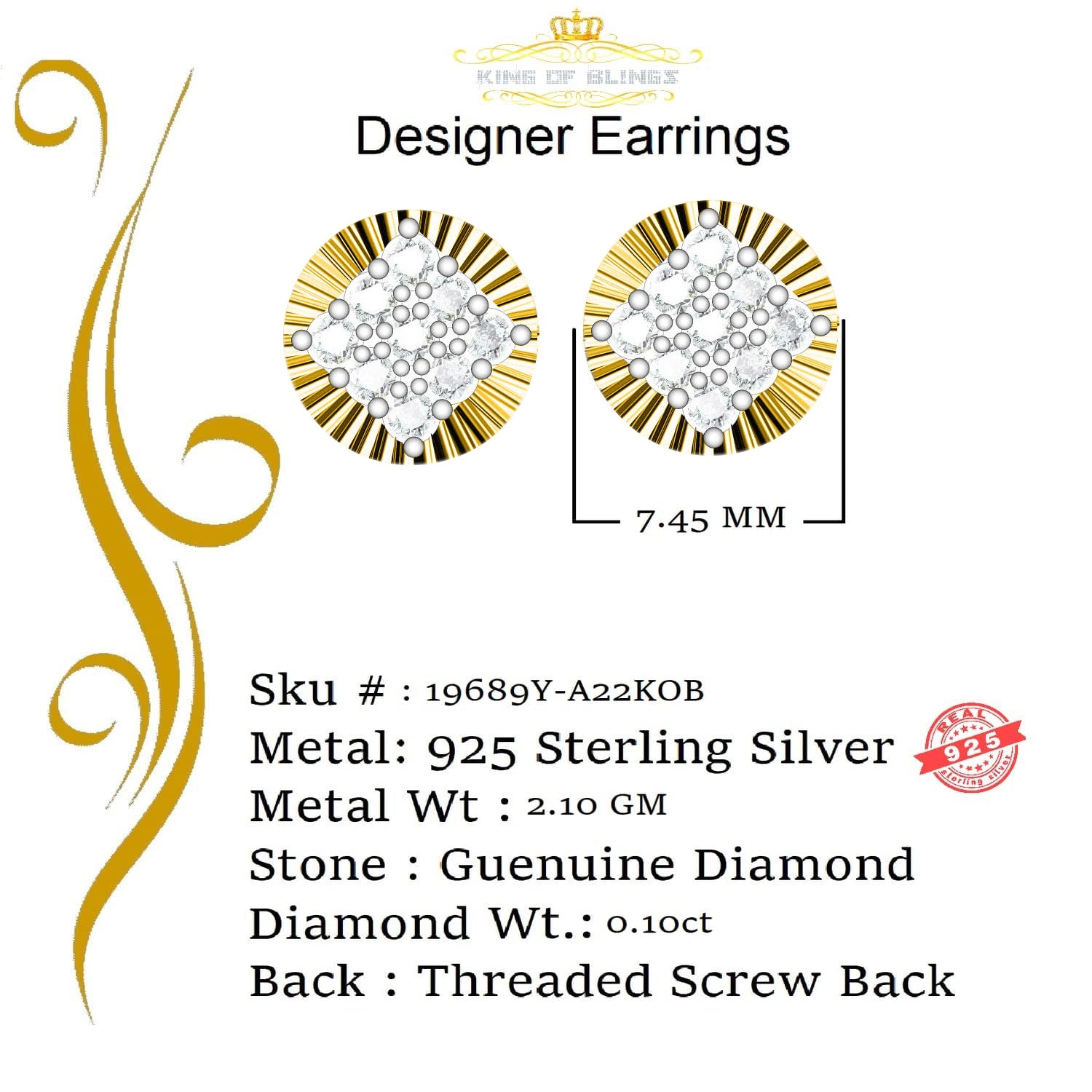 0.10ct Diamond 925 Sterling Silver Yellow For Men's & Women's Stud Round Earring KING OF BLINGS