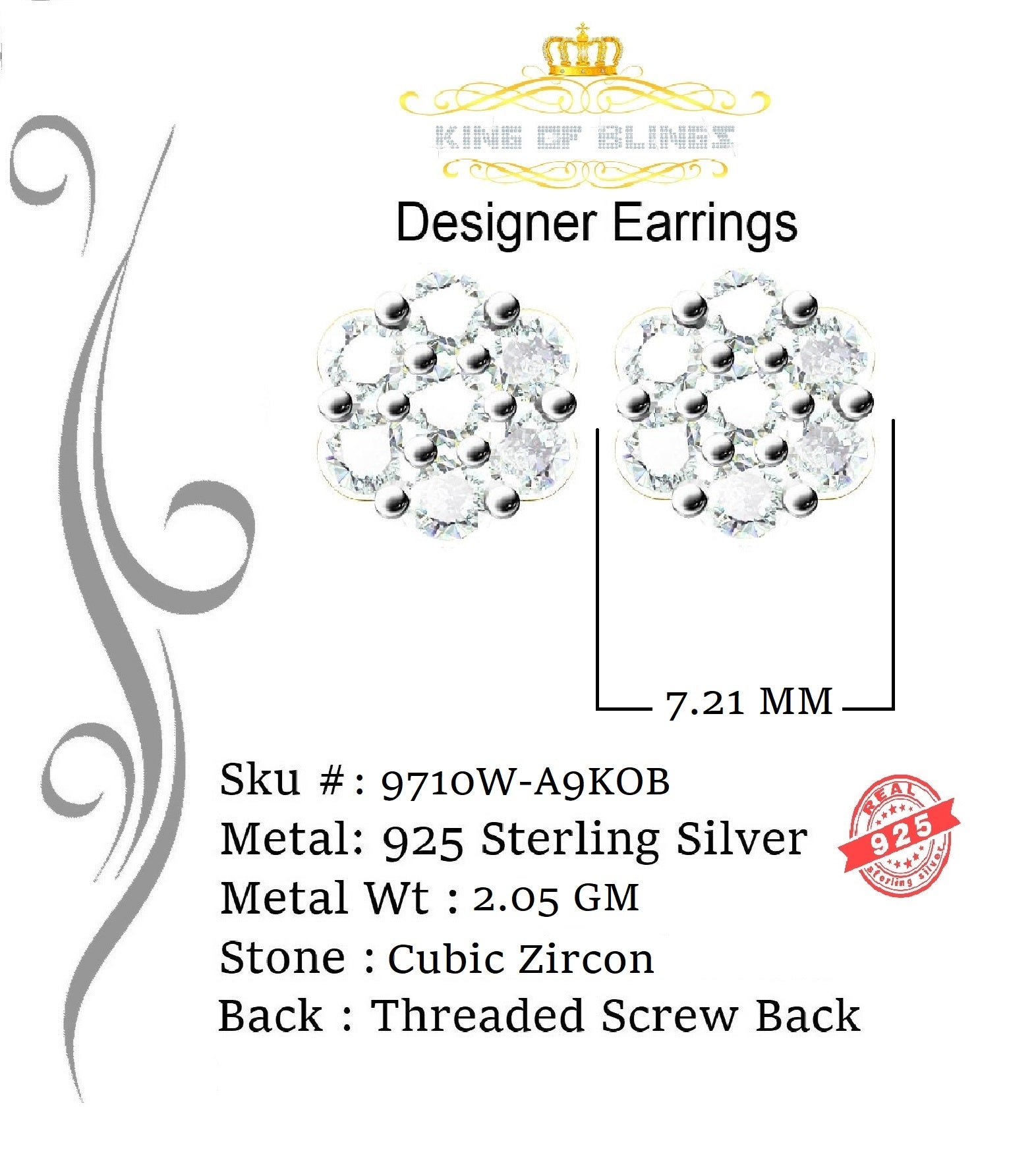 King of Blings- White 925 Sterling 1.96ct Cubic Zirconia Silver Women's Hip Hop Floral Earrings KING OF BLINGS