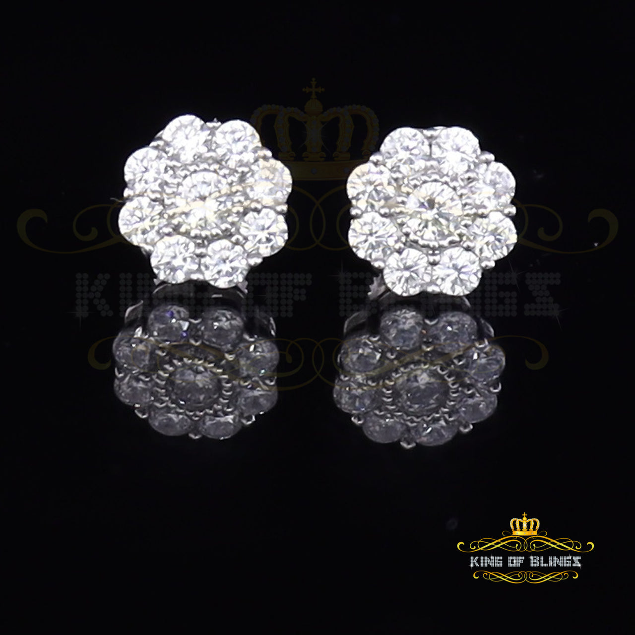 King of Blings- White 925 Silver 2.1ct Cubic Zirconia Women's & Men's Hip Hop Floral Earrings KING OF BLINGS