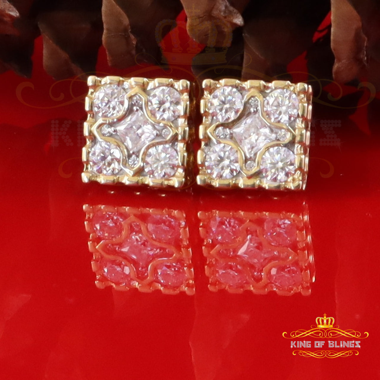 King of Bling's Yellow Silver 1.00ct VVS 'D' Moissanite Square Shape Earrings Men's/Womens King of Blings