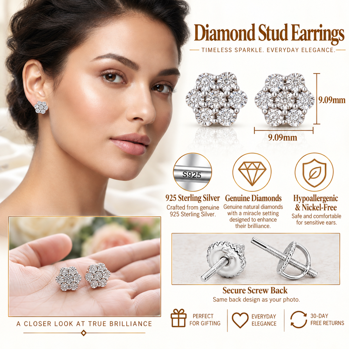 King Of Bling's 0.05ct Diamond 925 Sterling Silver White Floral Style Earrings For Men / Women KING OF BLINGS