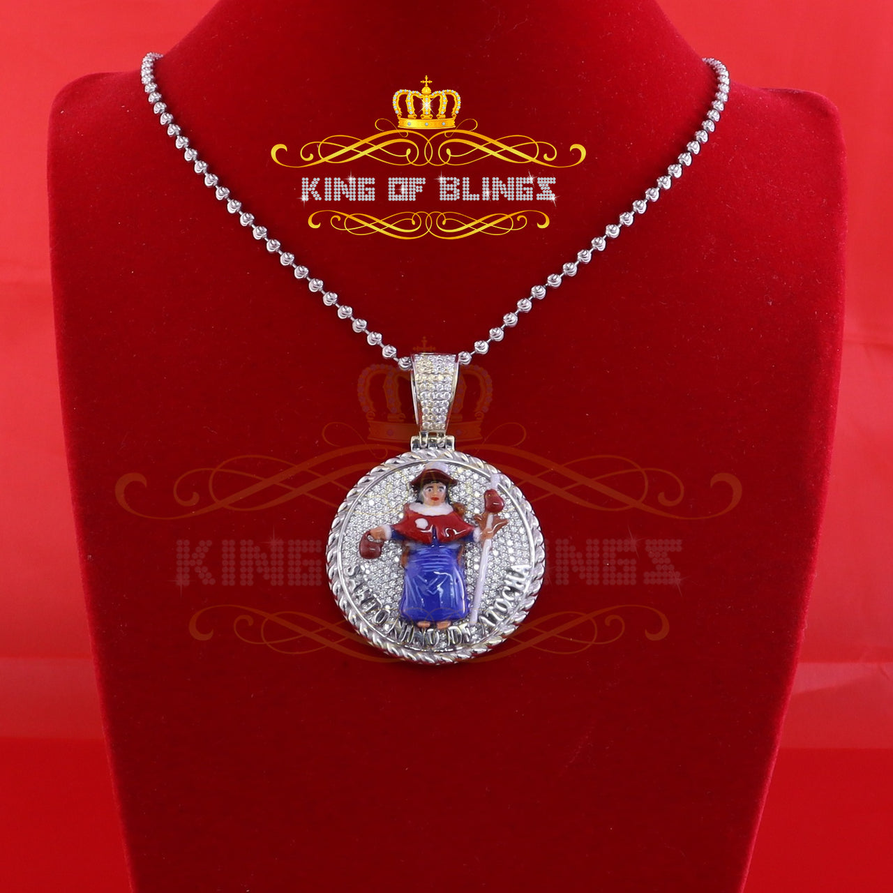 King Of Bling's Sterling Silver White "SANTO NINO DEATOCHA" Pendant with 3ct Genuine Moissanite KING OF BLINGS