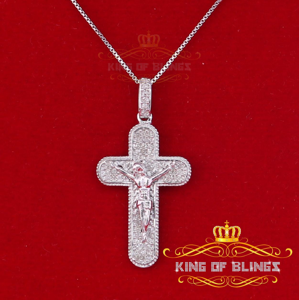 King Of Bling's Real 0.33ct Diamond Sterling Silver JESUS CROSS Charm Necklace Pendant in White