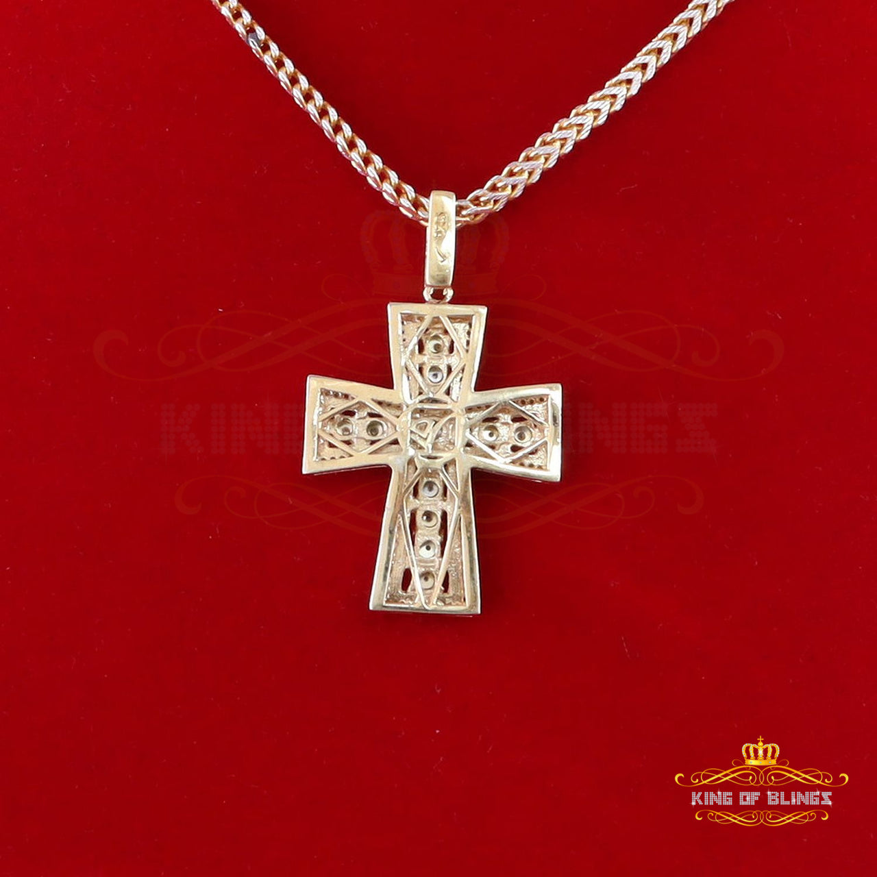 King Of Bling's Real 0.33ct Diamond 925 Sterling Silver Cross Charm Necklace Yellow Pendant