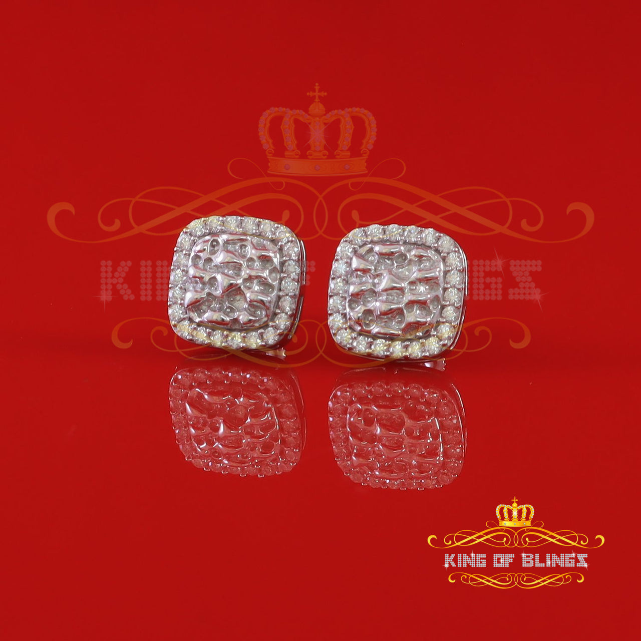 King of Bling's 1.50ct Moissanite White 925ilver Women's Round Edge Square Shape Nugget Earrings