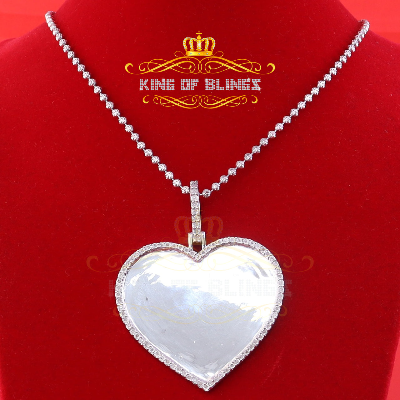King Of Bling's KOB 0.75ct Real Diamond White 925 Sterling Silver "2" Inch Heart PICTURE Pendant