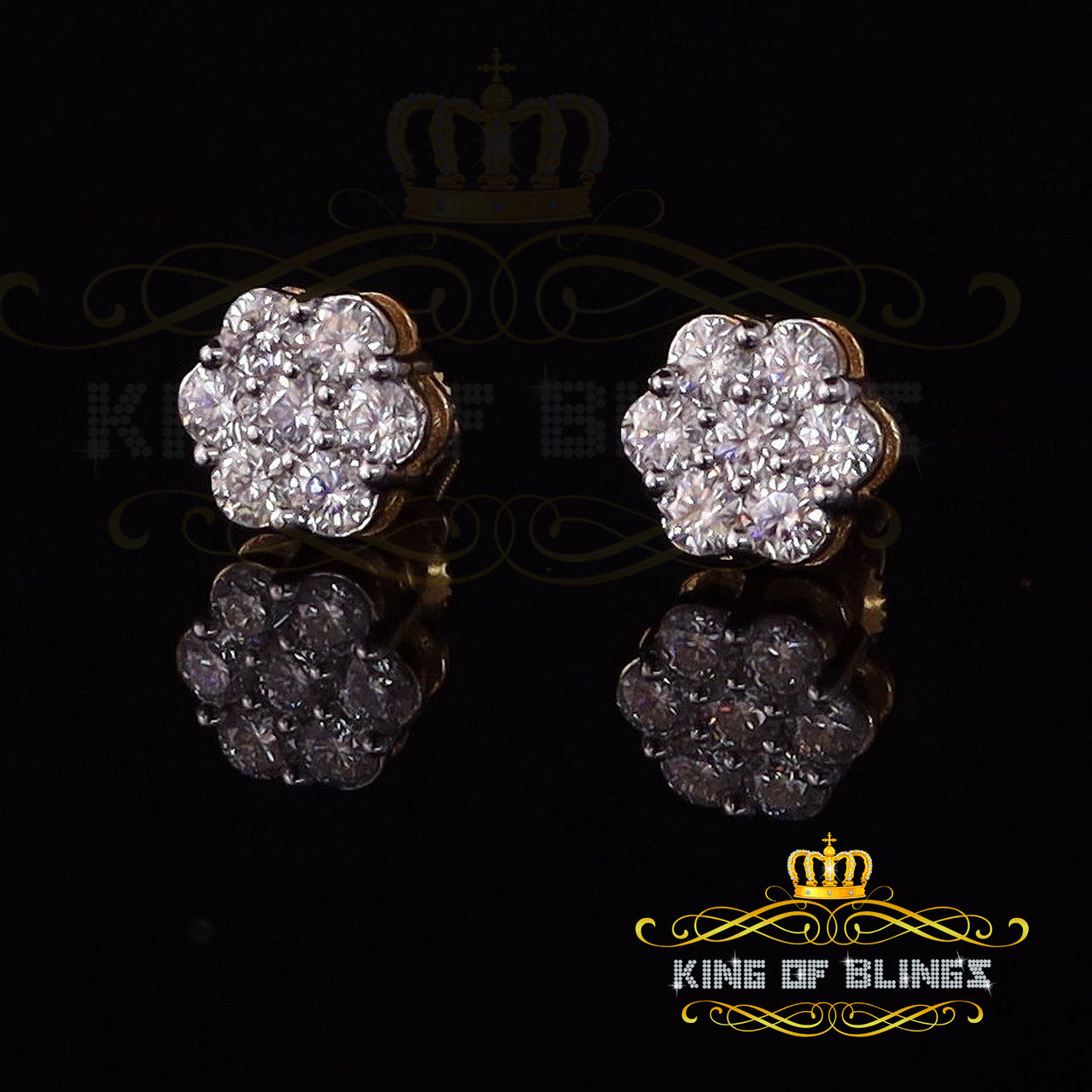 King Of Bling's Stud FLORAL Earrings 10k Real Yellow Gold 1.0ct Vvs 'D' Color Real Moissanite