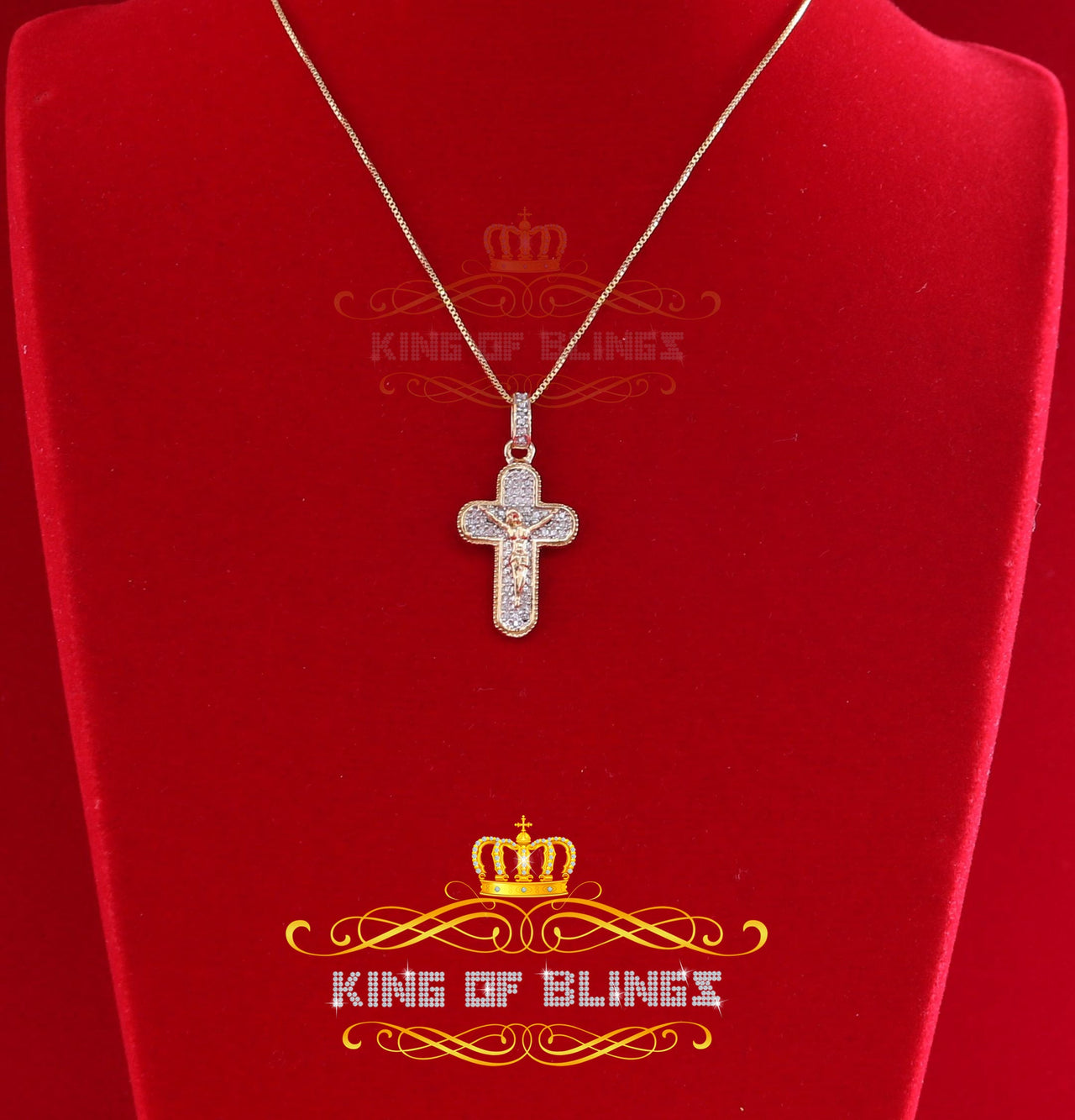 King Of Bling's Real 0.25ct Diamond Sterling Silver JESUS CROSS Charm Necklace Pendant in Yellow