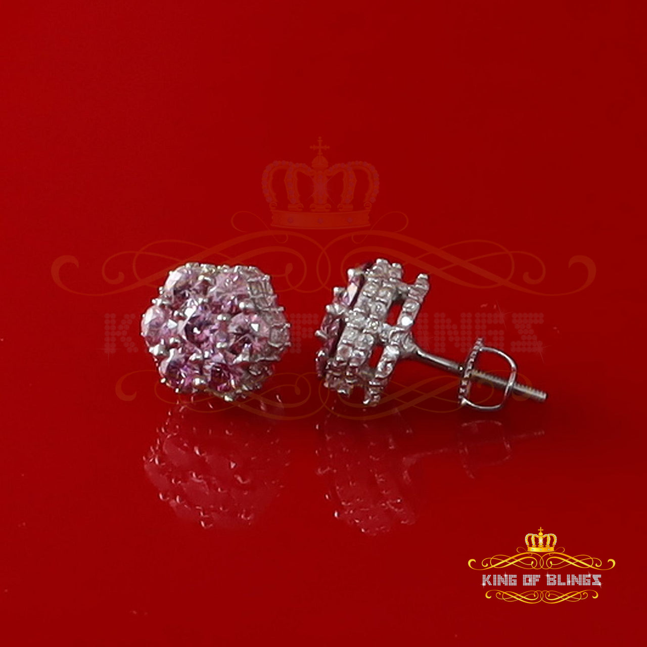 King of Bling's 2.00CT VVS 'D' Pink Moissanite Men's/Women 925 White Silver 7stone Stud Earrings