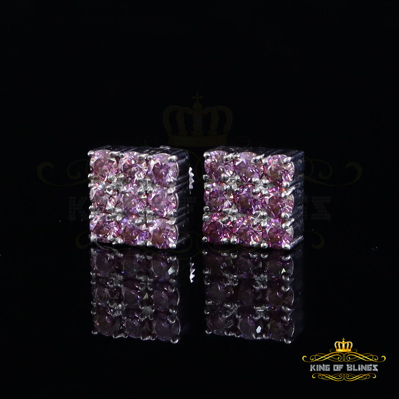 King of Bling's 925 Silver White 2.25ct VVS D Pink Moissanite Men's/Women's Square Stud Earrings
