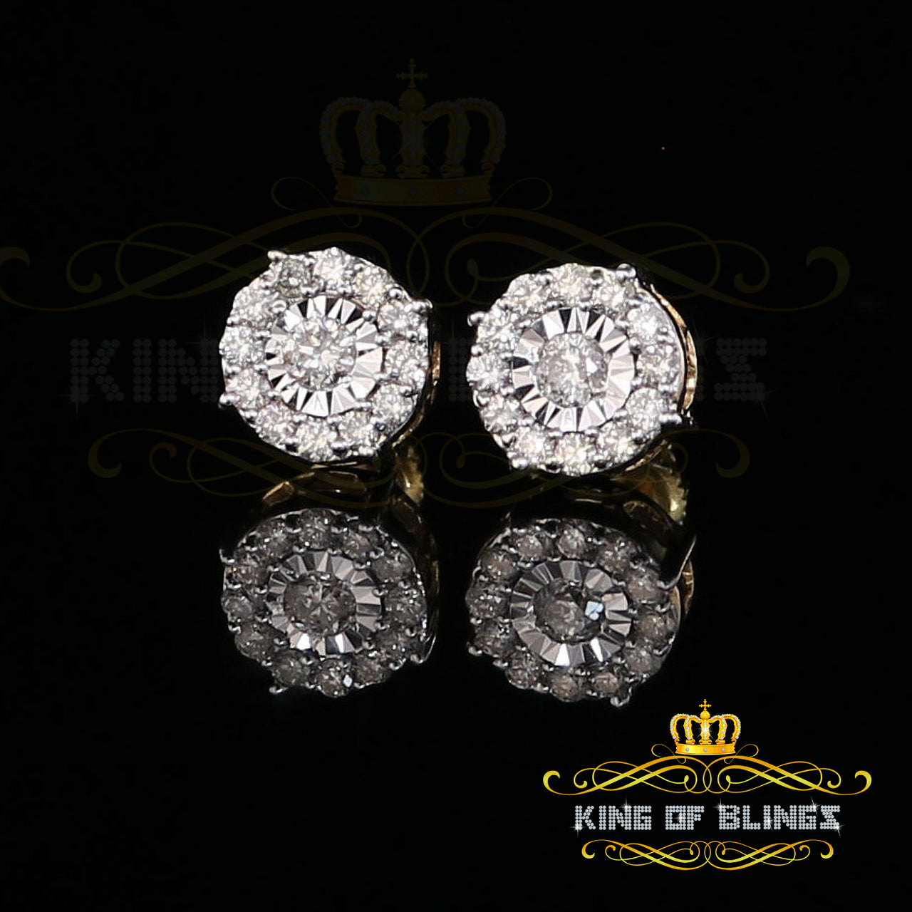 King Of Bling's 10K Real Yellow Gold with 0.75CT Real Diamond Men's/Women's Stud Round Earrings