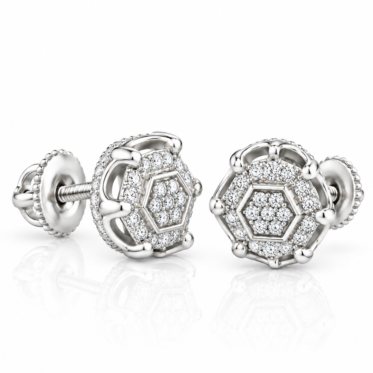 King Of Bling's 0.10ct Diamond Stud Hexagon Earrings White 925 Sterling Silver For Men/ Women KING OF BLINGS