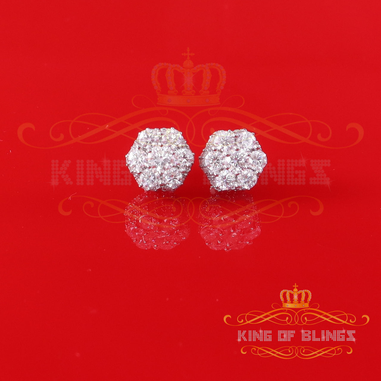 King of Bling's Men's/Women's 925 Silver White 2.00ct VVS 'D' Moissanite Floral Stud Earrings KING OF BLINGS