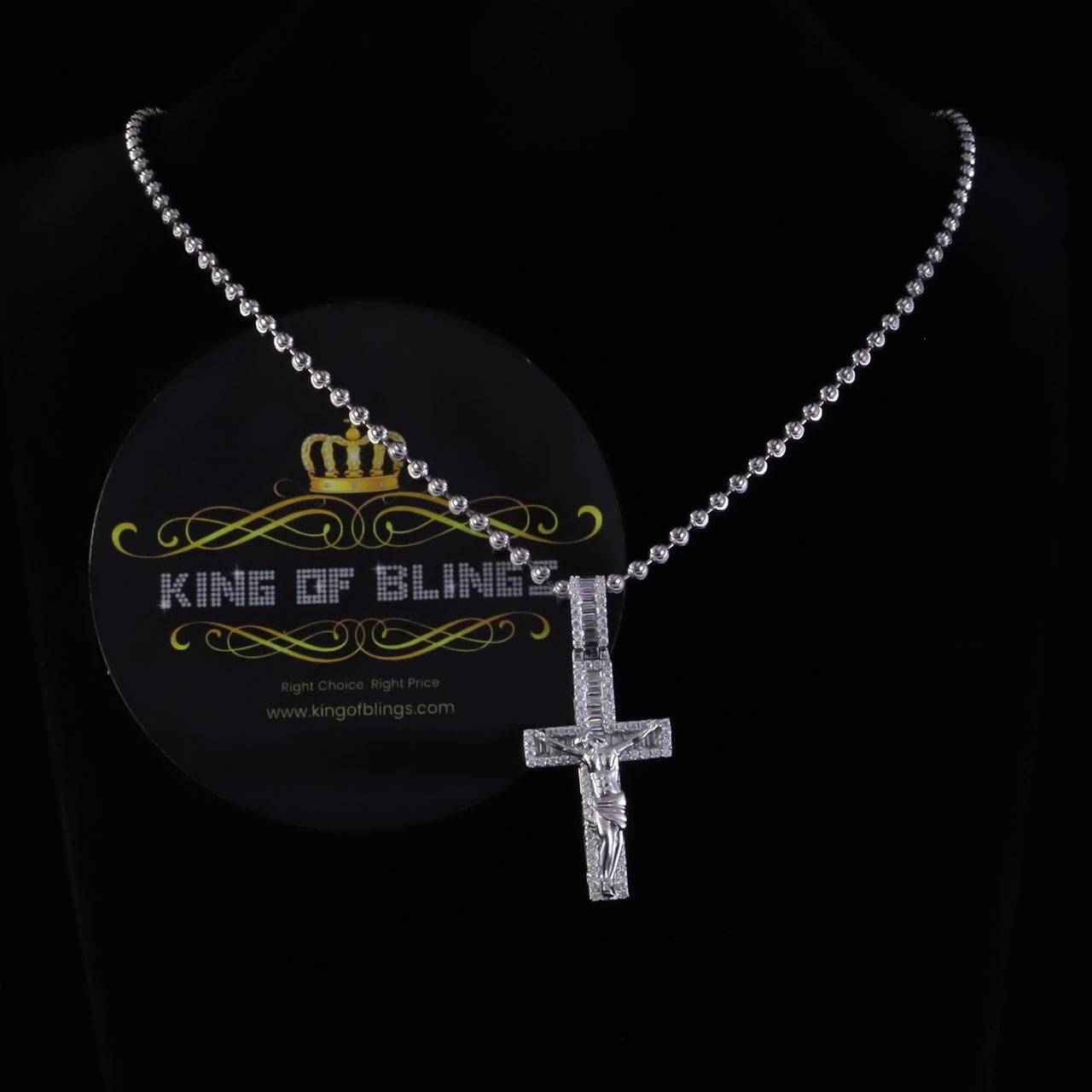 King Of Bling's New Mens 2.25ct VVS D Clr. Moissanite Baguette Jesus Cross Pendant White Silver KING OF BLINGS