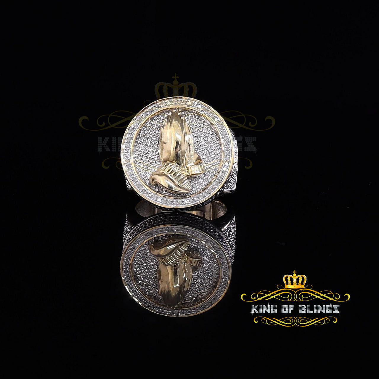 King Of Bling's Real Diamond 0.25CT Men's Silver Yellow Round Adjustable Ring From SZ 11 to 13