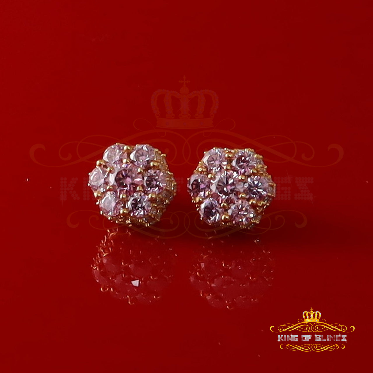 King  of Bling's Men/Women's 925 Silver Yellow 2.50ct VVS D Pink Moissanite Floral Stud Earrings