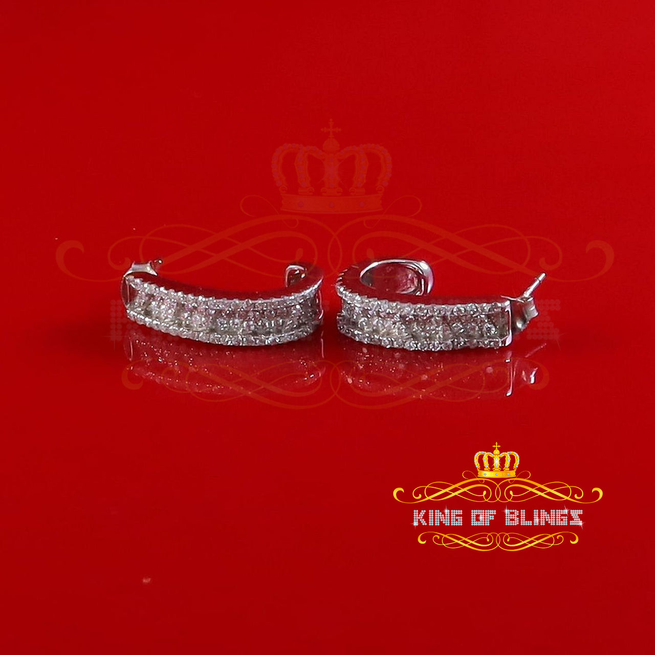King of Bling's 925 Sterling Silver Mens hip hop white Gold Iced 3 row Huggie Hoop earrings