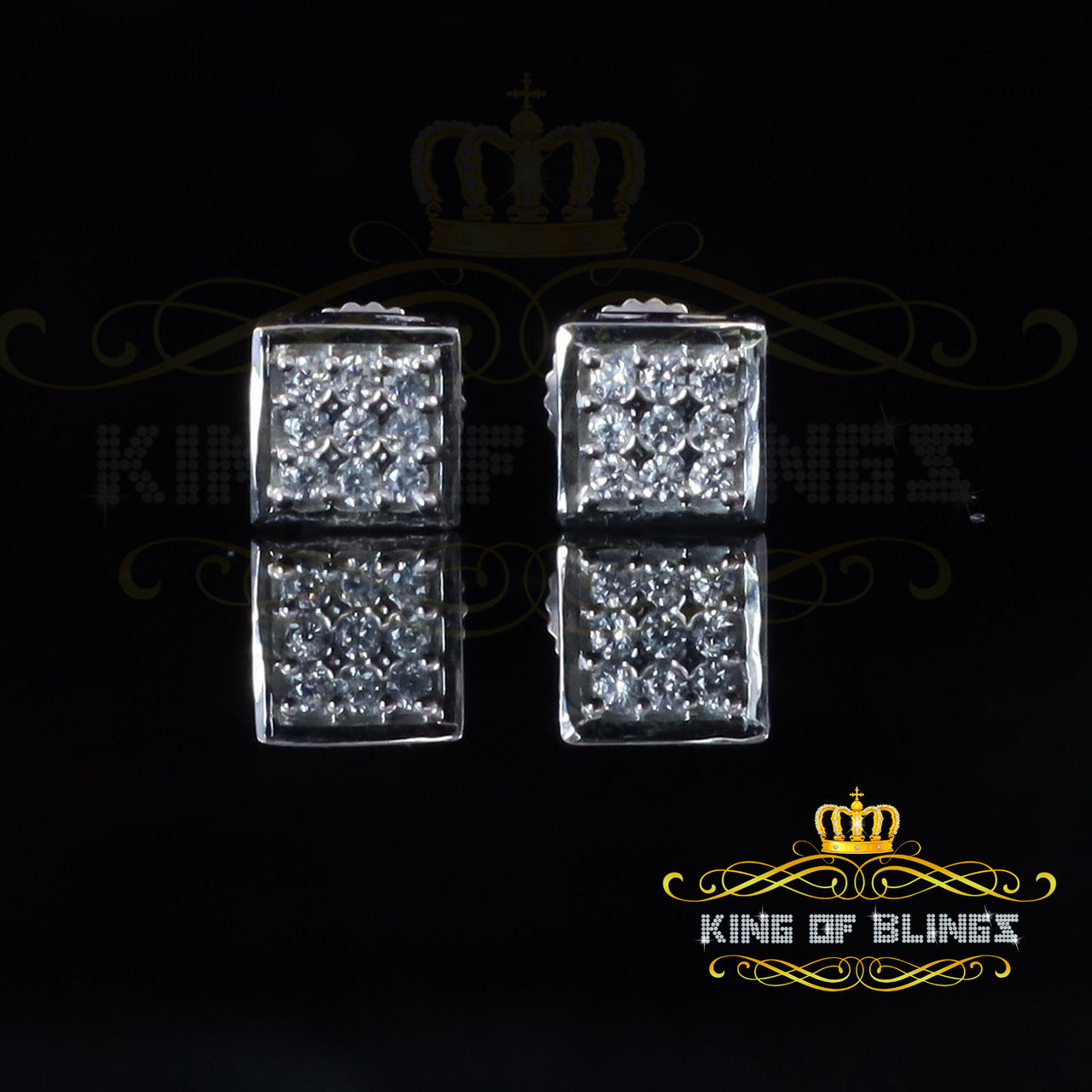 King of Bling's Elegant White 925 Silver Screw Back 0.18ct Cubic Zirconia Women Square Earrings