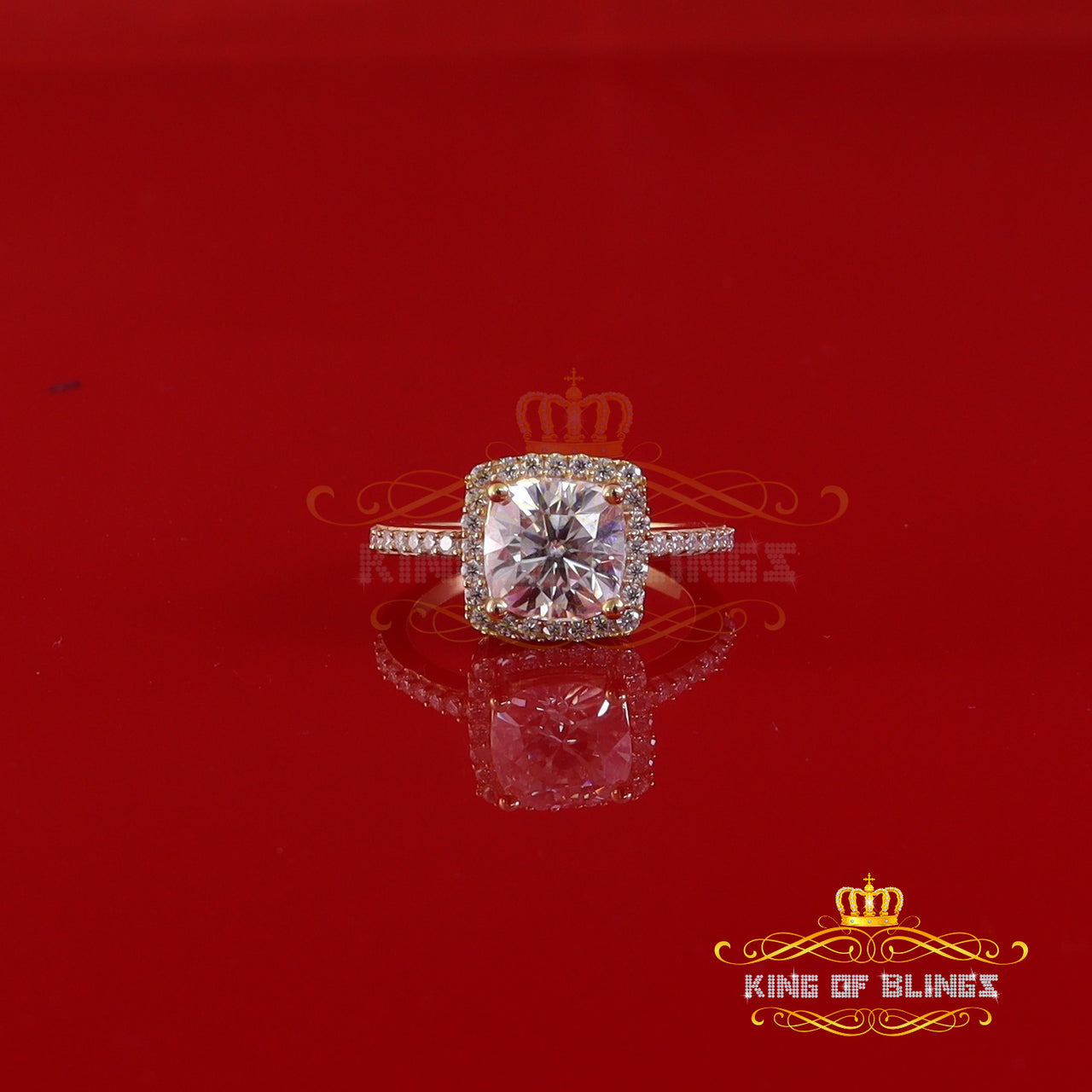 King Of Blings  10K Yellow Gold 3.00CT 'VVS' 'FL' D clr Cushion Cut Moissonite Womens Ring S/7 KING OF BLINGS