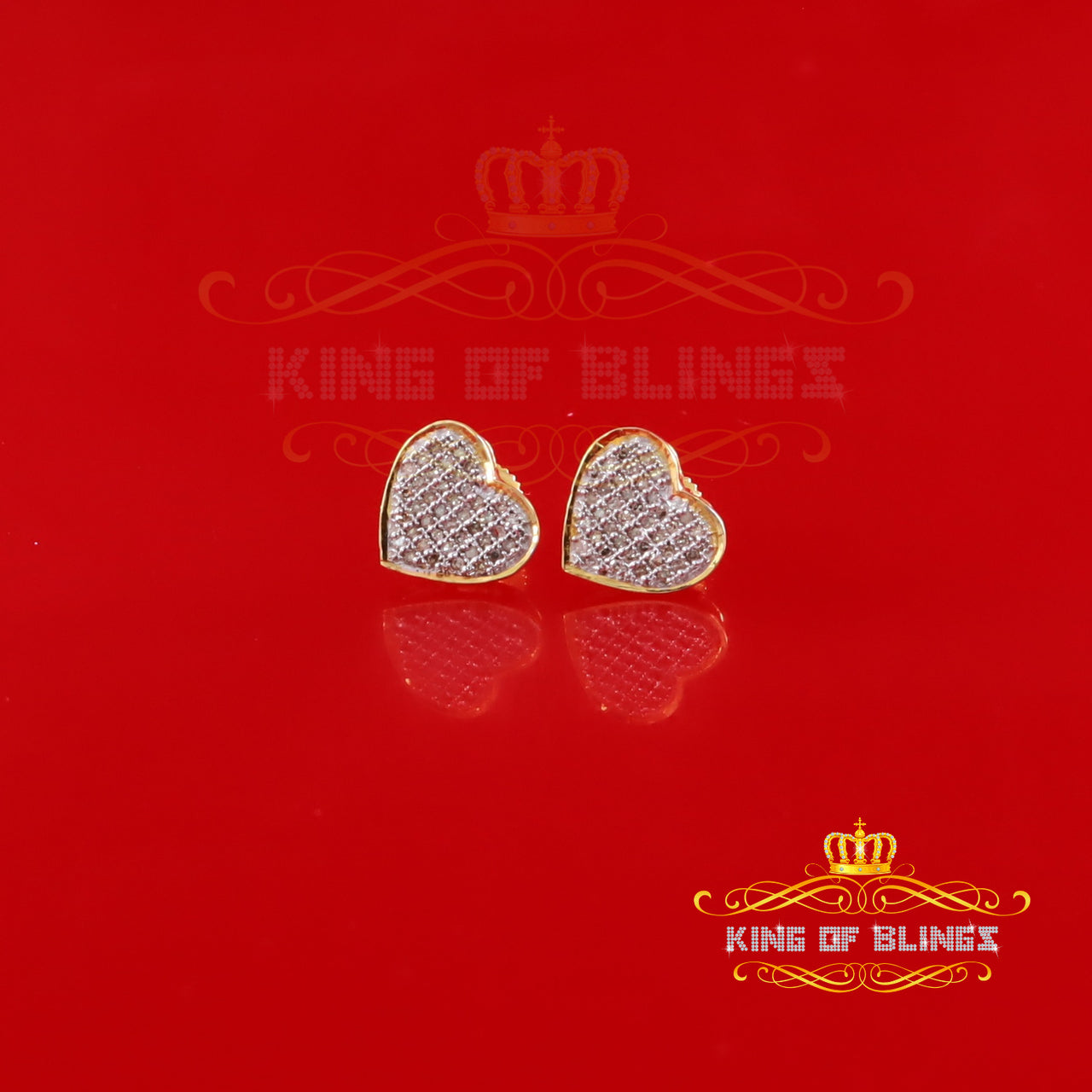 King Of Bling's Real 10K Yellow Gold Heart Round Stud 8.58mm Earrings with Real 0.25CT Diamonds