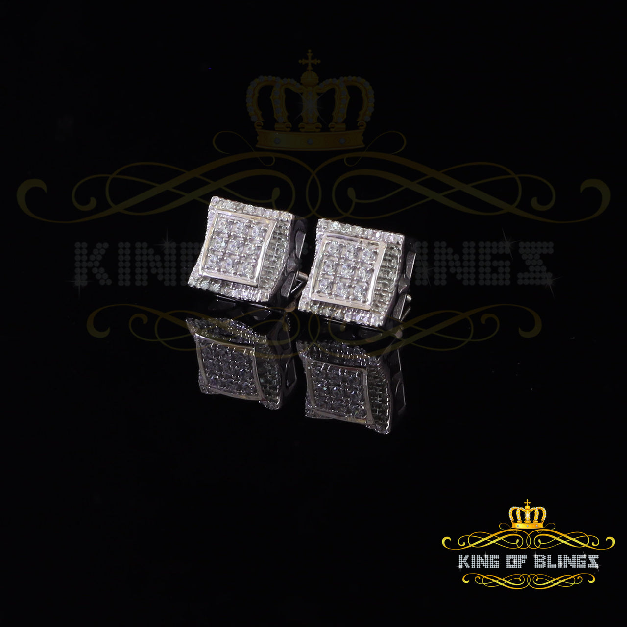 King of Bling's 925 Silver White Elegant 0.99ct Square Screw Back Cubic Zirconia Women's Earring