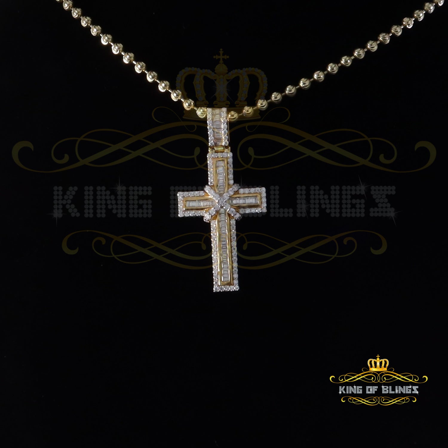 King Of Bling's Women's Yellow 925 Silver 2.0ct VVS D Clr. Moissanite Baguette Cross Pendant for KING OF BLINGS