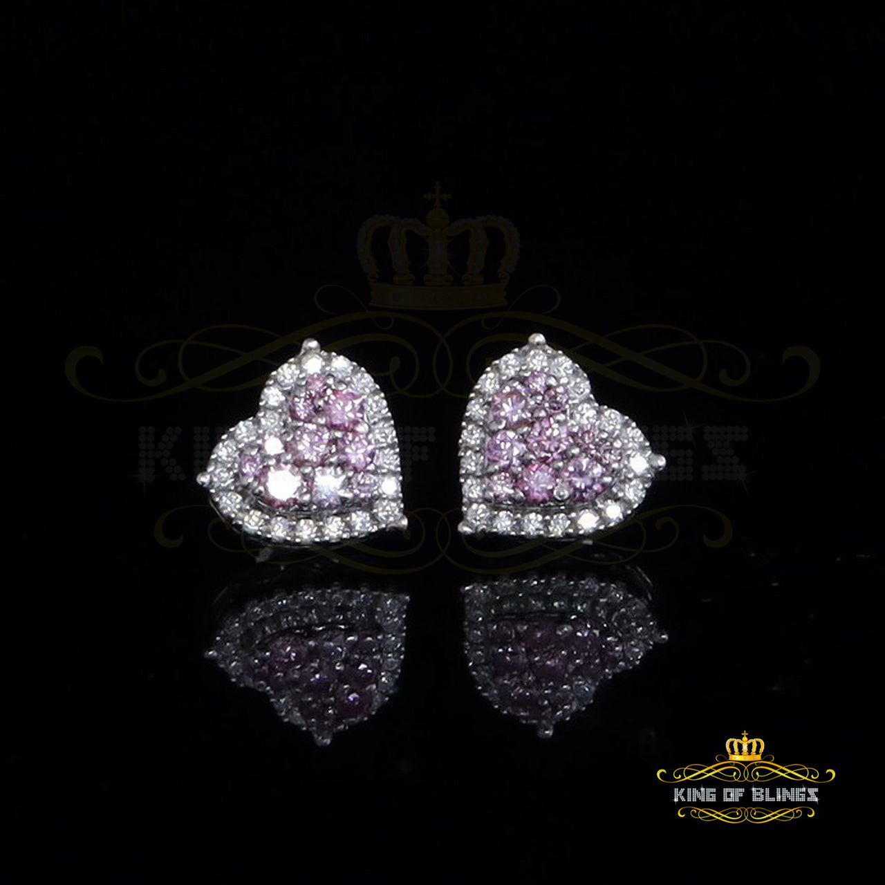 King of Bling's Men's/Women's 925 Silver White 1.00ct VVS 'D' Pink Moissanite 3D Heart Earrings