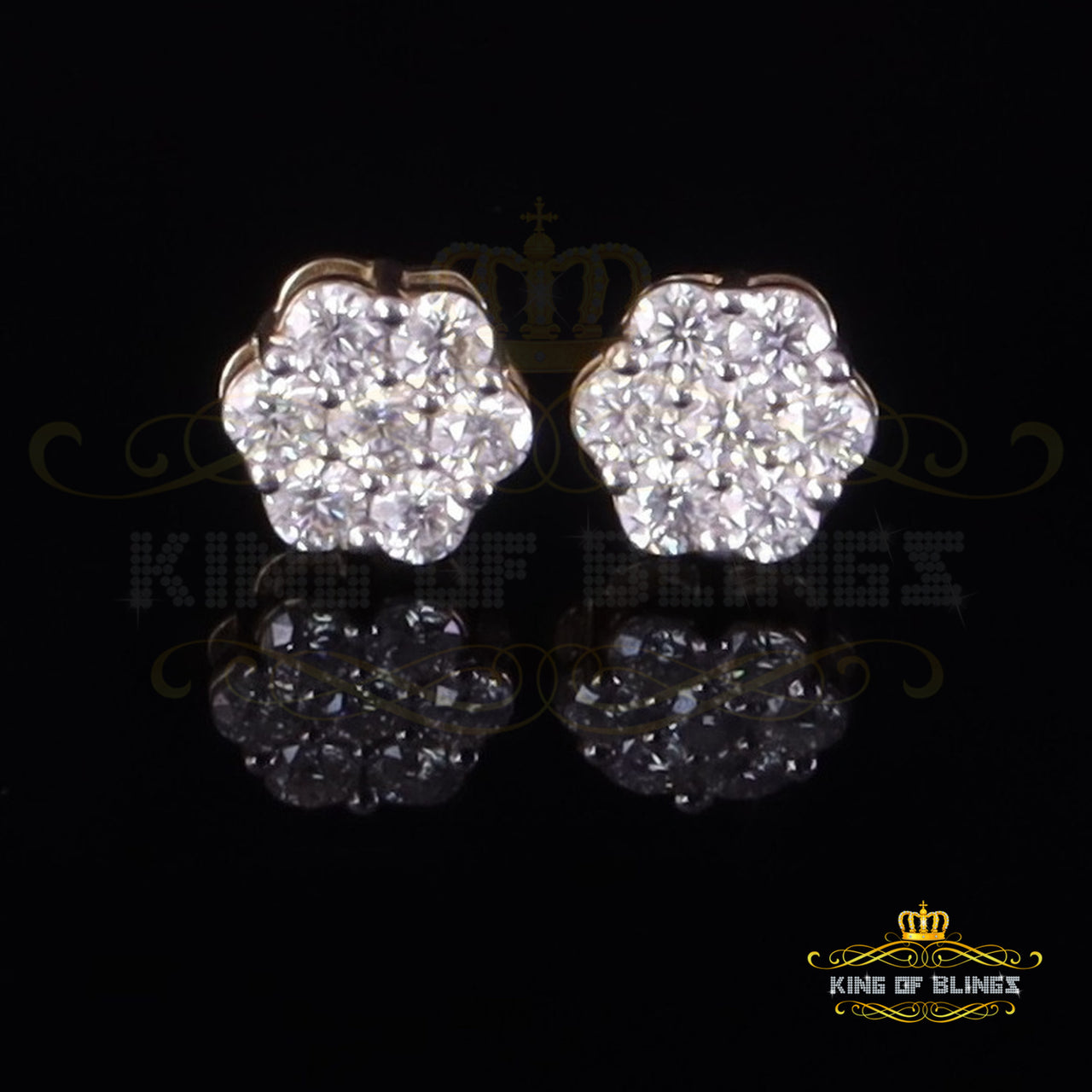 King  of Bling's Men's/Womens 925 Silver Yellow 1.00ct VVS 'D' Moissanite Floral Stud Earrings KING OF BLINGS