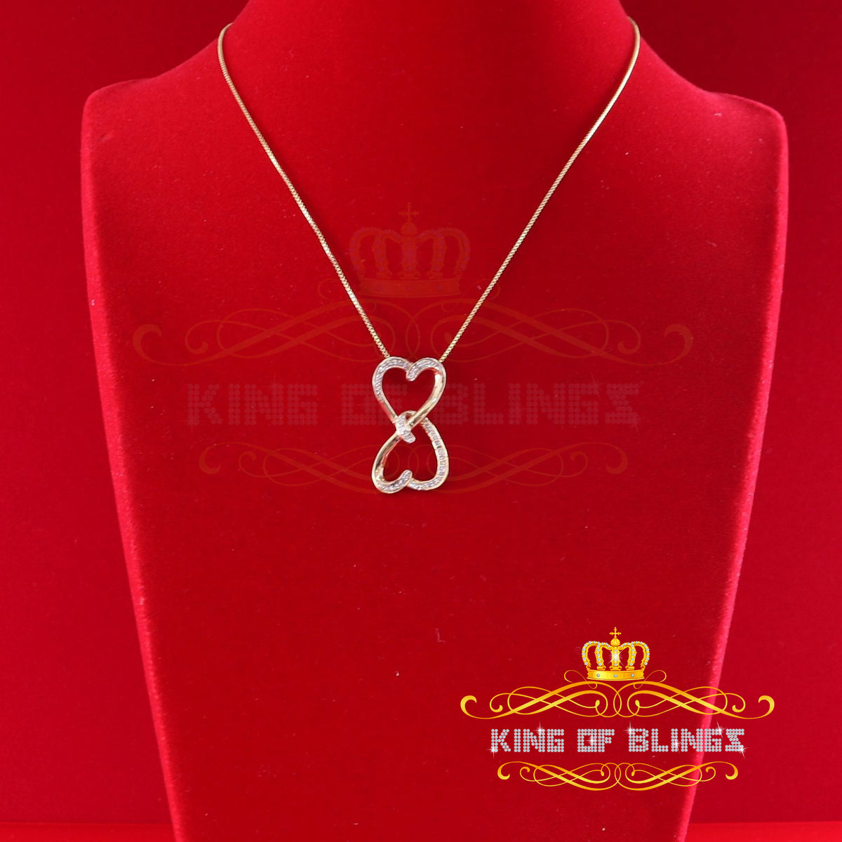 King Of Bling's Real 0.15 ct Diamond Sterling Silver Double Heart Charm Necklace Yellow Pendant KING OF BLINGS
