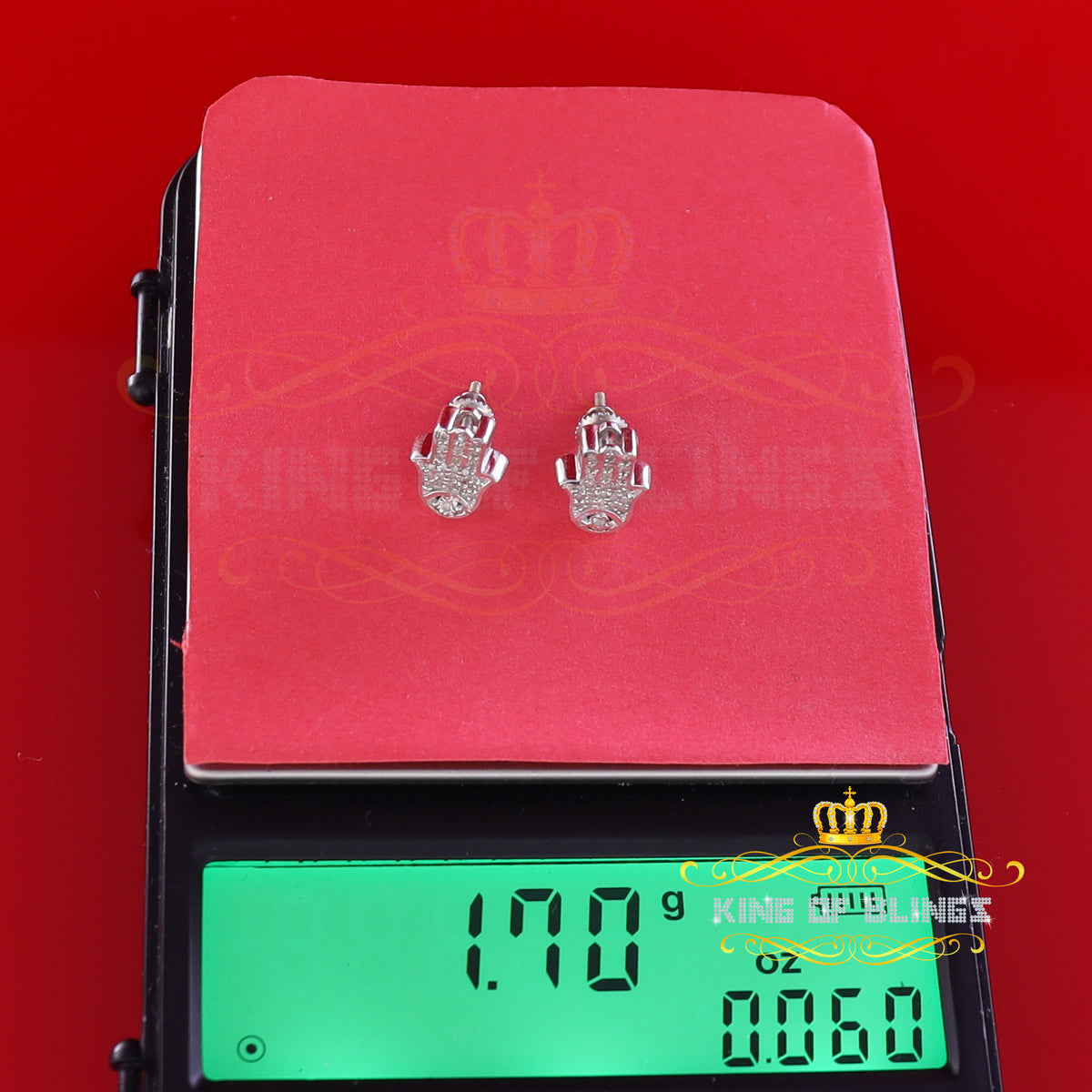 King Of Bling's Stud 925 White Sterling Silver 0.15ct Diamond Women's & Men's Hamsha Earrings KING OF BLINGS