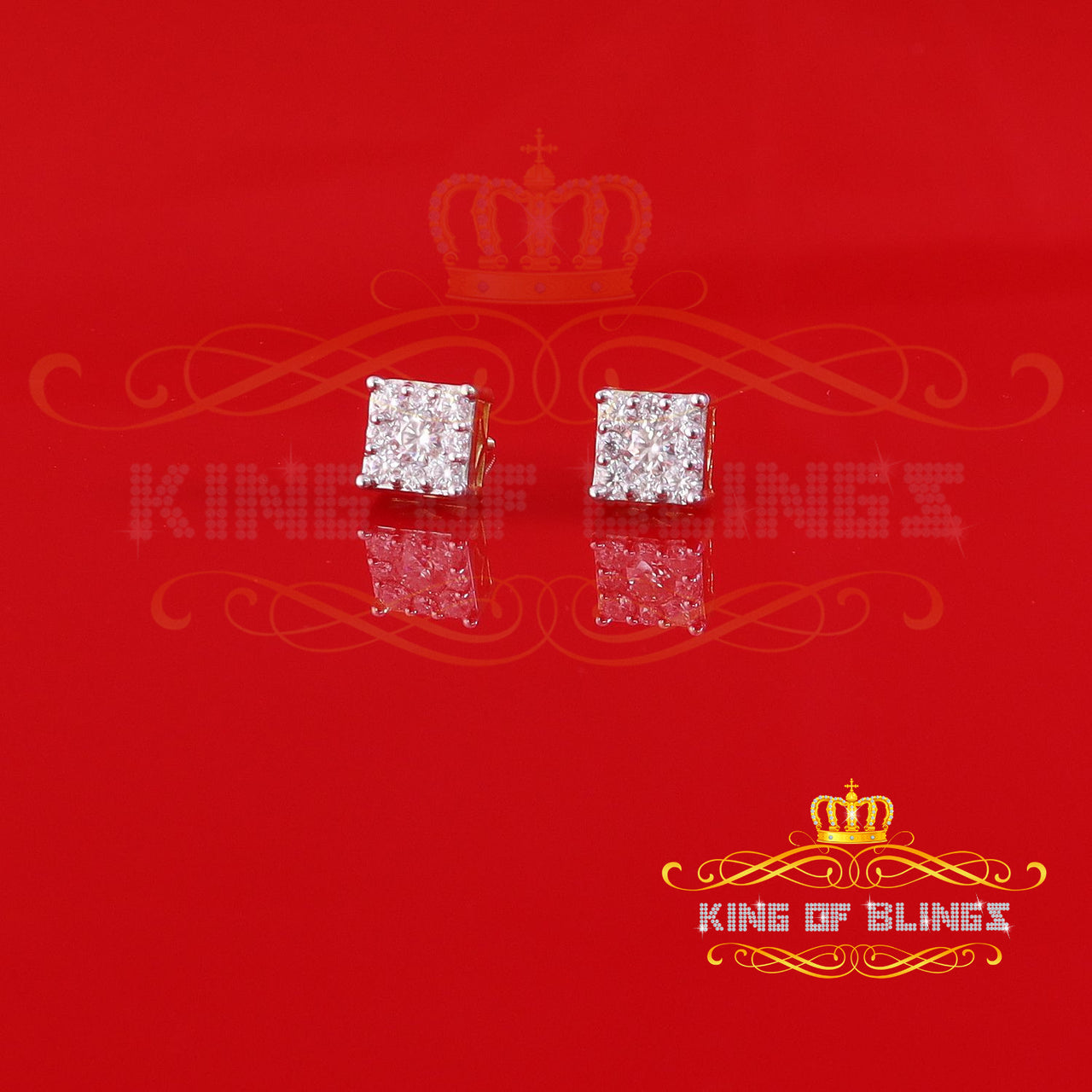 King Of Bling's Real Moissanite Stud Square Earrings 10k Real Yellow Gold 1.00ct VVS 'D' Color