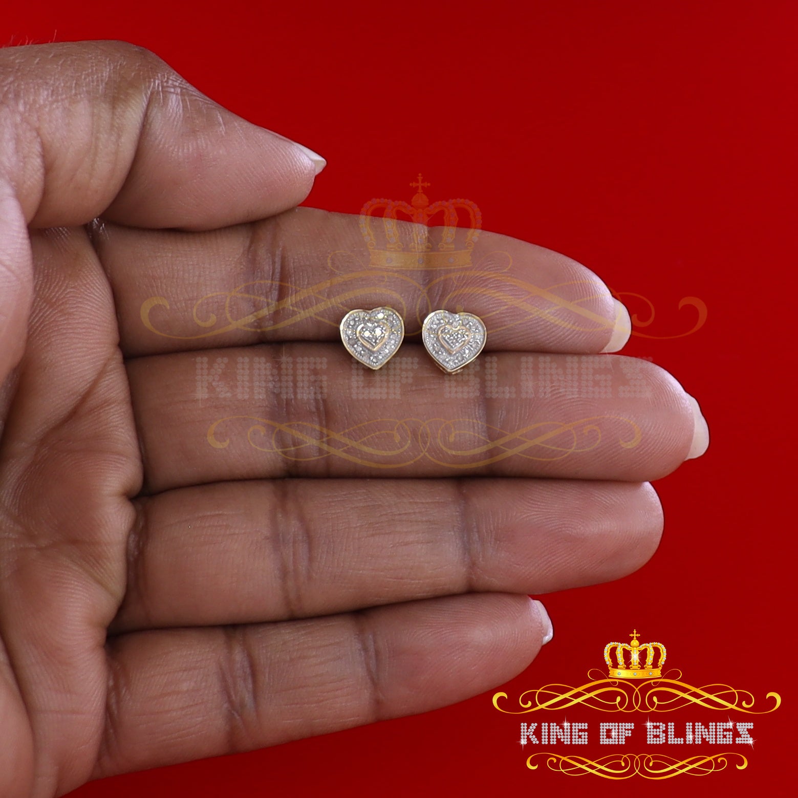 King of Blings-Micro Pave 0.11ct Real Diamonds 925 Yellow Silver Women's & Men's Heart Earrings KING OF BLINGS