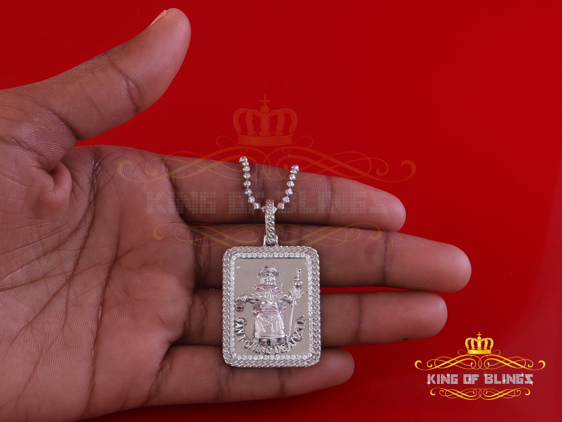 King Of Bling's Men's Square Santo Nino De Atocha 3D White '1'inch 925 Silver 0.66ct CZ Pendant KING OF BLINGS