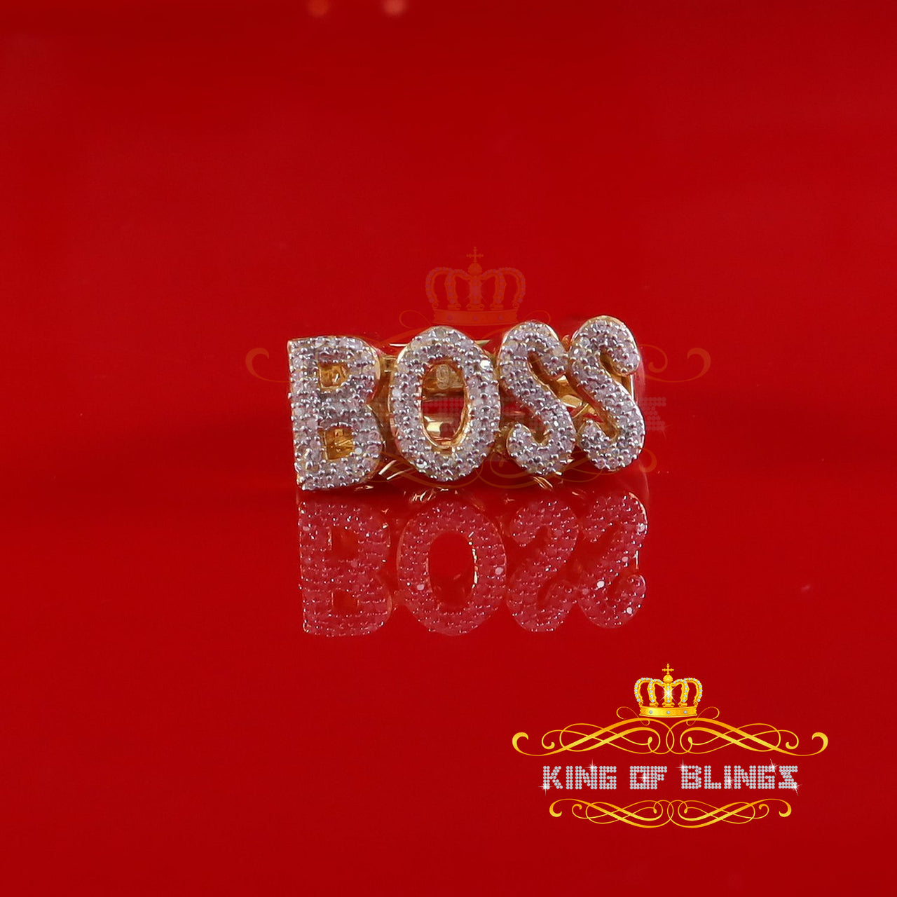 King Of Bling's Stylish "BOSS" 925 Silver Yellow 0.50ct Micro Real Diamond Men's Band Ring SZ 8